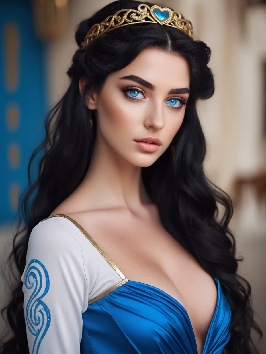 a very beautiful greek goddess black hair half up heart shaped face blue eyes wearing a tight longlseeve dress