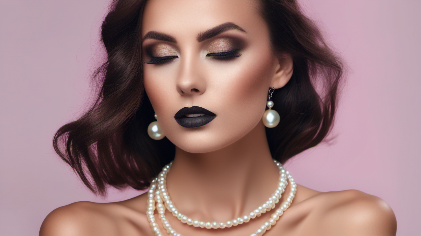 a close up of a woman with a black dress and a pearl necklace, perfect colorful eyeshadows, inspired by Anna Katharina Block, perfect body face and hands, profile picture, images on the sales website, beautiful android woman, muted colour