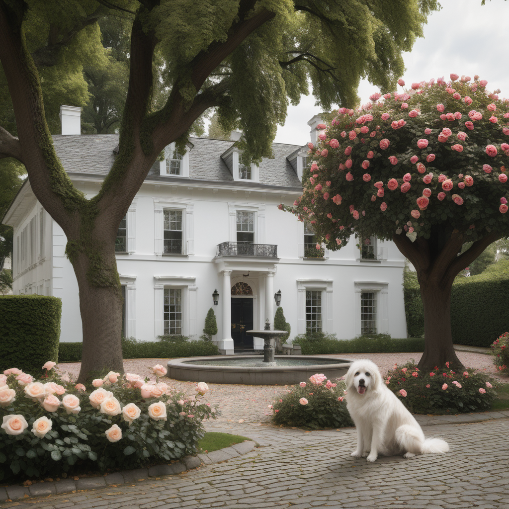 A large white house. In an old, affluent neighborhood. With extensive sidewalks and ancient trees. The house has a wide, large door. A cobblestone walkway connects the house to the street. There is a large fountain in front of the house. The two sides of the walkway are covered with roses. A sizeable fluffy dog is sitting in front of the house.