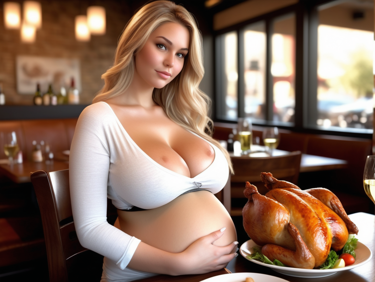 Absolutely stunning beautiful, gorgeous, girl next door look, 19 years old slim pregnant woman with very large breasts, big pregnant belly, sitting a a table at a restaurant. At the table are 3 rotisserie chickens. She has very large size K breasts. She is drinking a glass of white wine. You can see her large pregnant belly. She has dirty blonde hair with highlights. She is wearing makeup with black eyeliner. 8K. Hyper realistic. She is slender. She is wearing a white bra. Slim.  eating a rotisserie chicken. View is from her side and she has a hand on her pregnant belly.