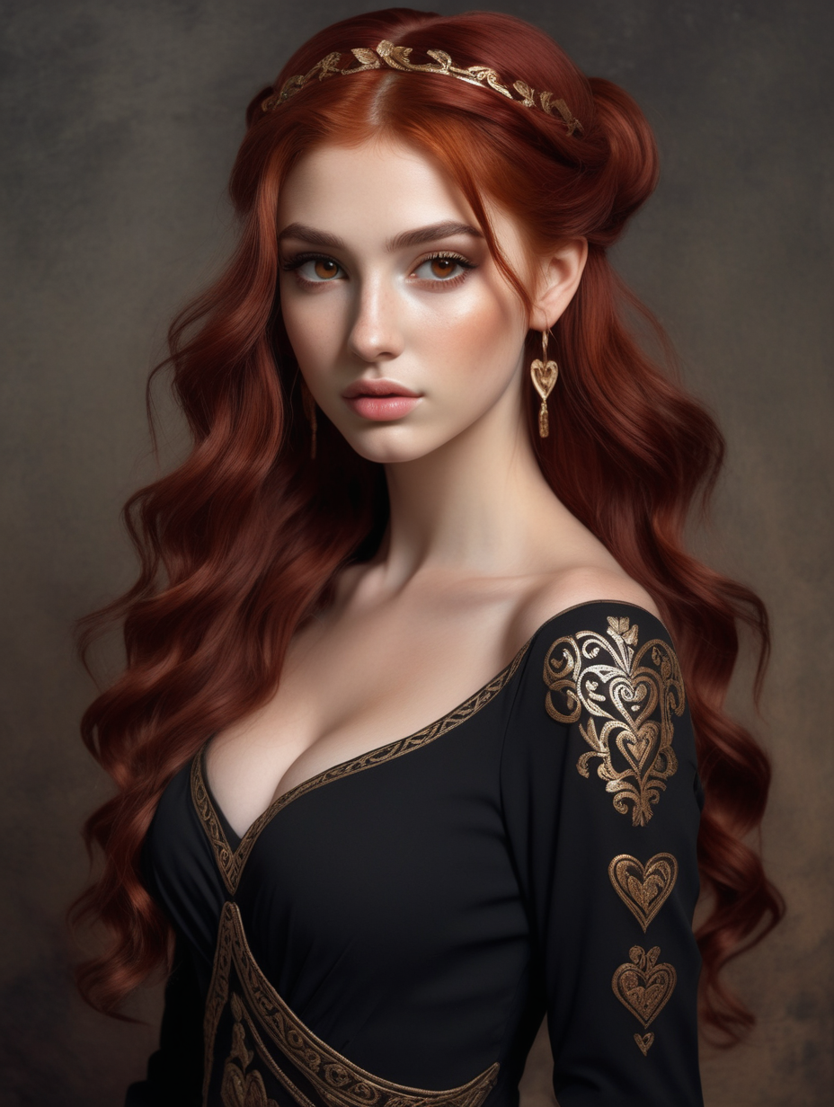 a very beautiful greek goddess red hair half up heart shaped face brown eyes wearing a longlseeve black dress