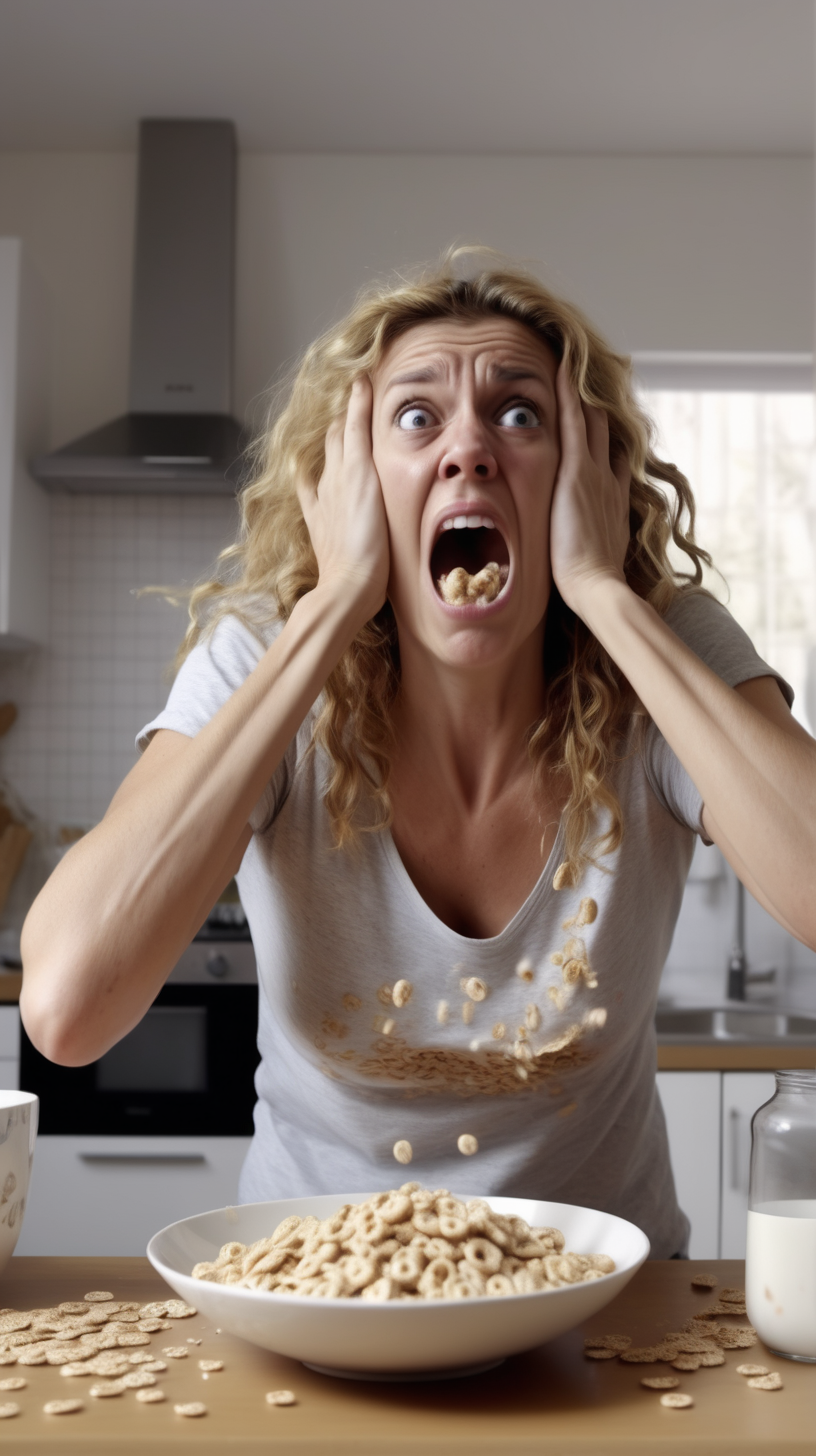 woman throwing cereal in her kitchen looking stressed and messy screaming 4k