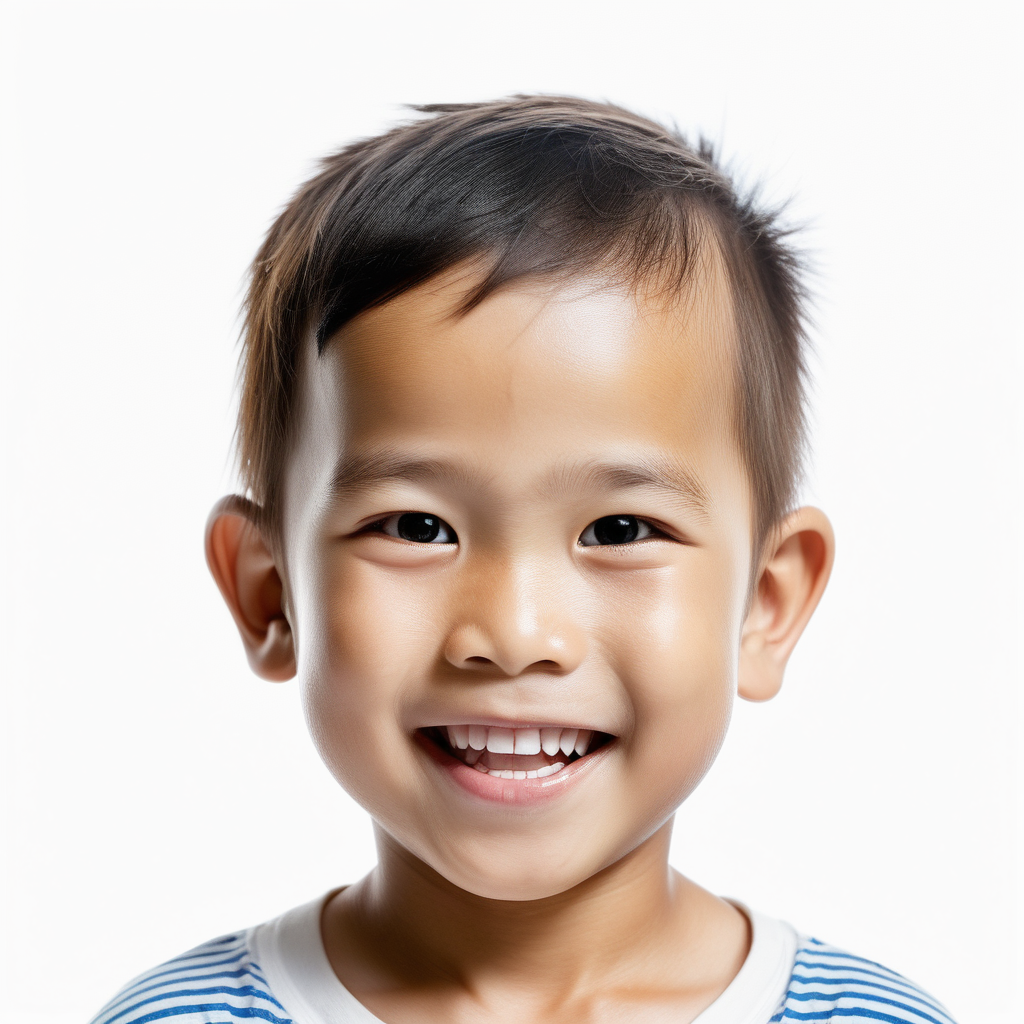 bílé pozadí_reálná tvář_dítě 3 roky_ kluk_Vietnam_charakteristický vzhled_kluk_usmívají se_je vidět celá hlava