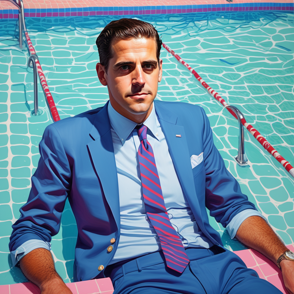 (Hunter biden)++ swimming in the style of (David Hockney)++