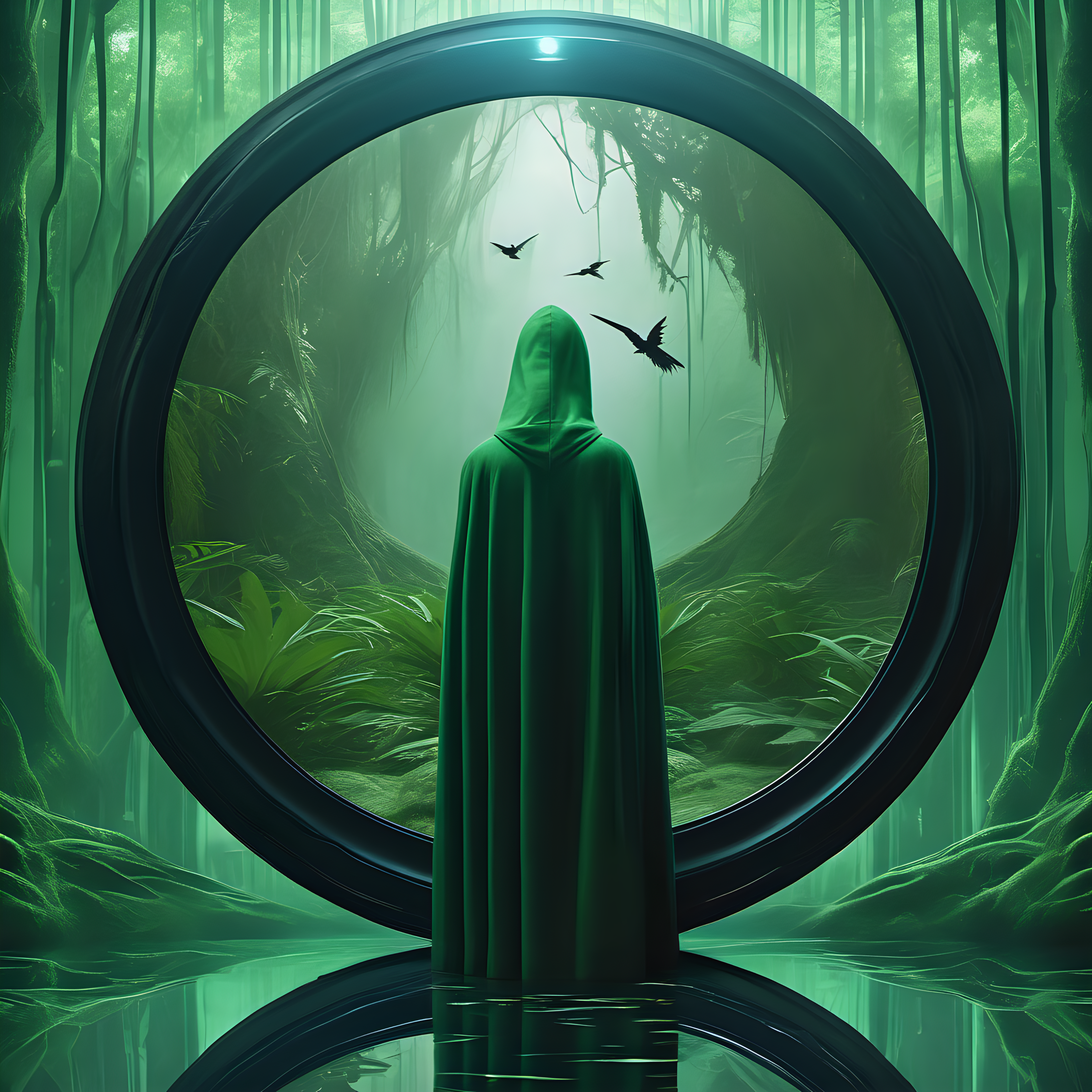 a hooded entity with a tribal cloak looking into a giant dimensional mirror which subtly shows a reflection which is similar yet dark, eerie and different, environment is a huge green futuristic jungle with a few small birds