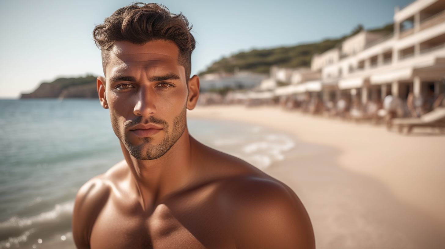 Chill-out, ibiza, beach, a super realistic handsome man, without shirt, hazel eyes, perfect olive skin, Extremely realistic textures and warm colors give the final touch. Sharp focus. A ultrarealistic perfect example of cinematic shot. Use muted colors to add to the scene