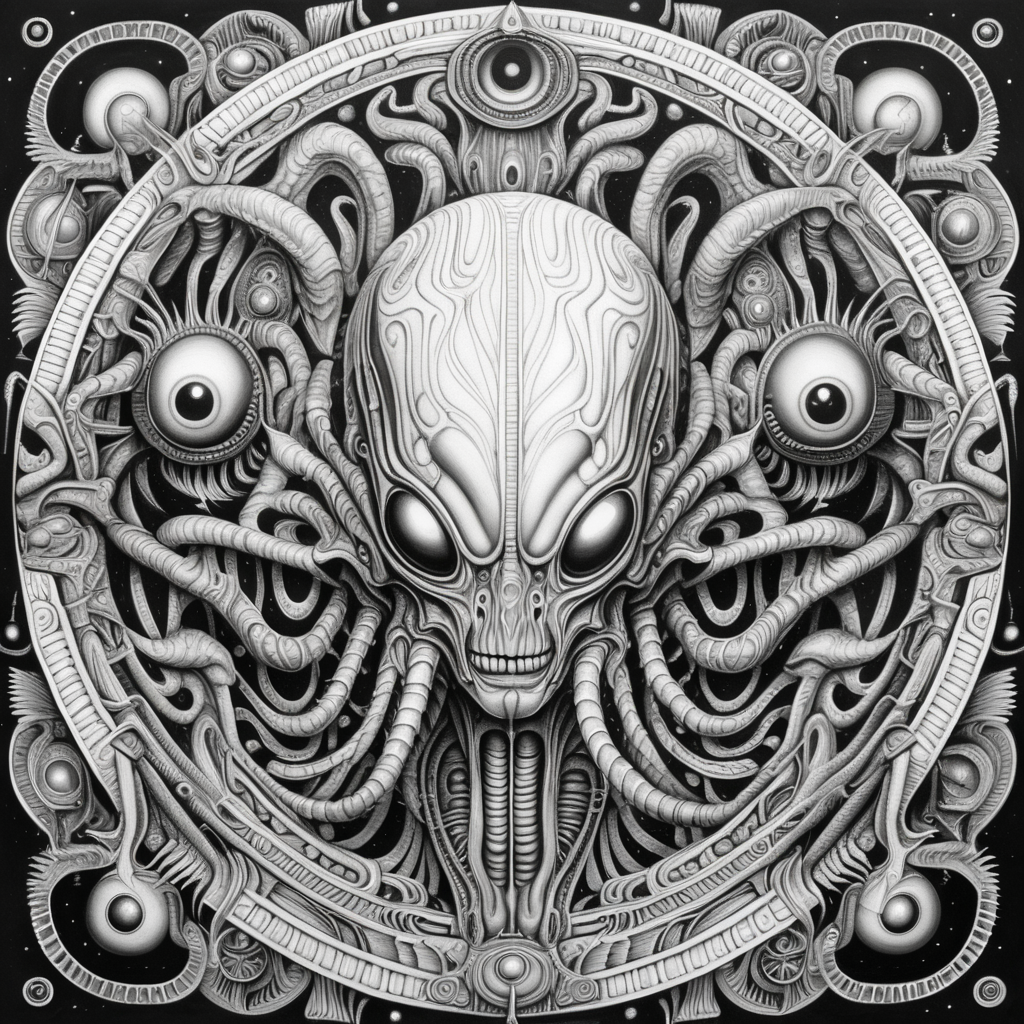 black & white, coloring page, high details, symmetrical mandala, strong lines, alien planet with many eyes in style of H.R Giger