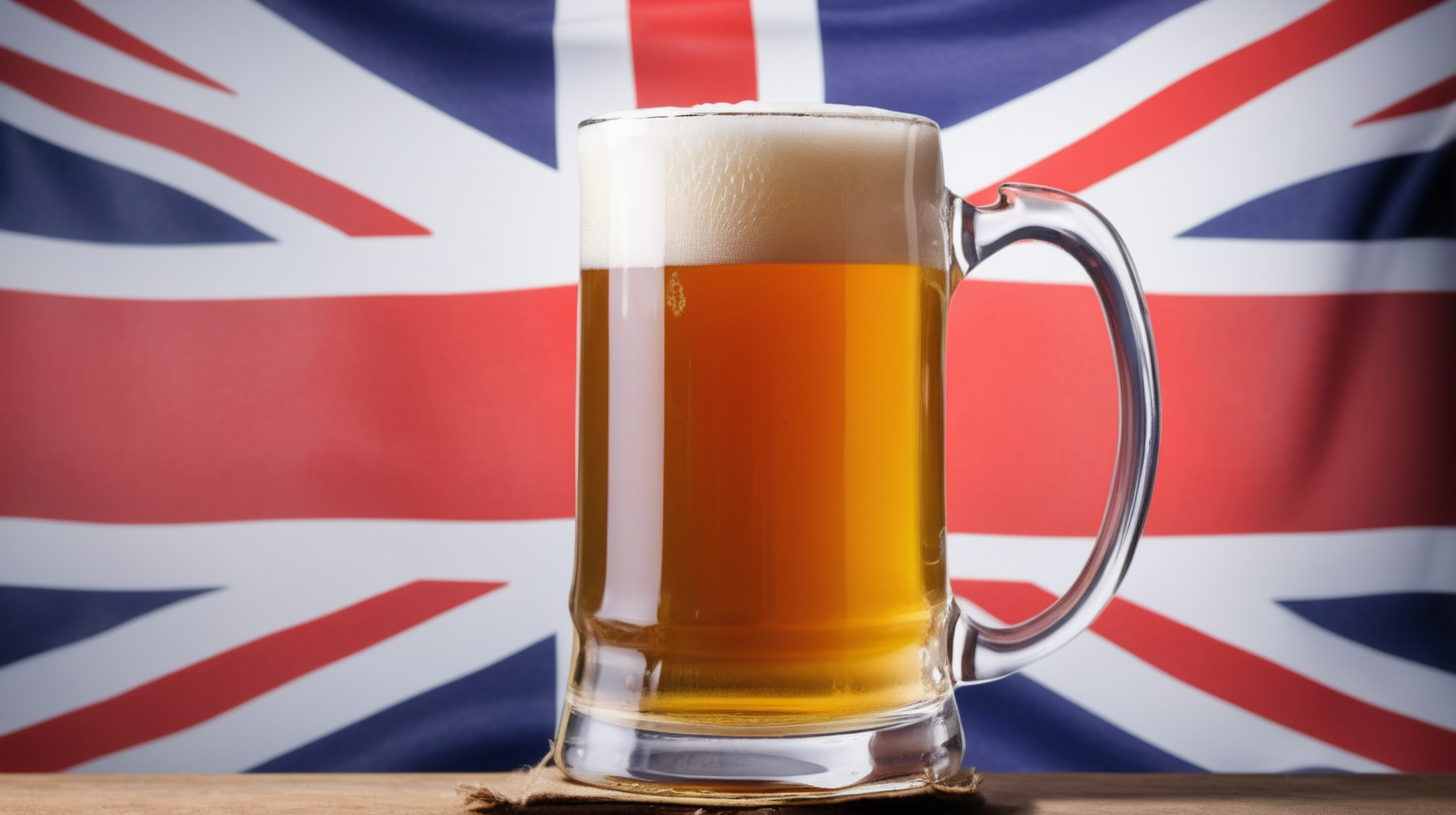 mug of beer in front of british union jack flag