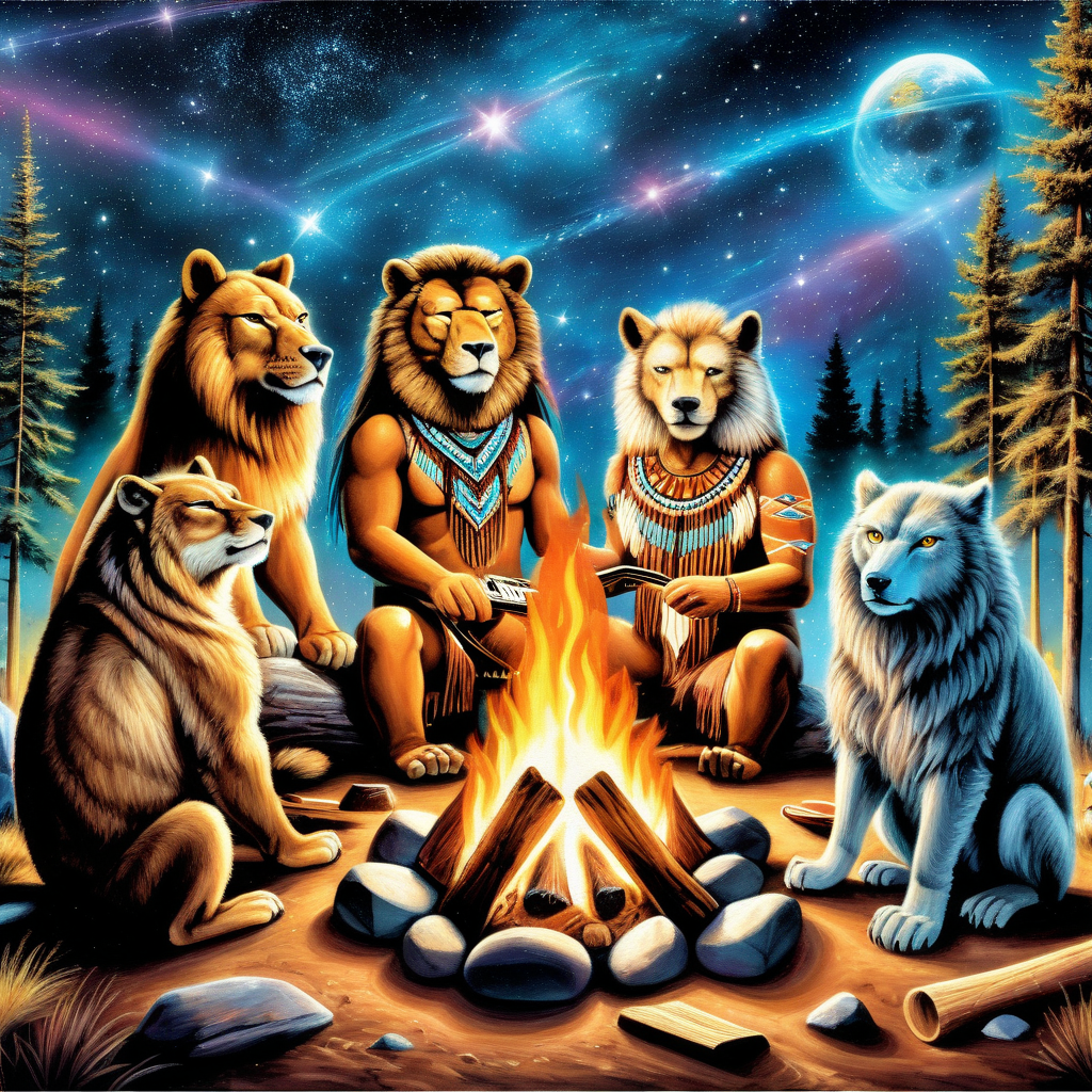 cosmic  galactic high vibe native american lion bear wolf owl playing music campfire