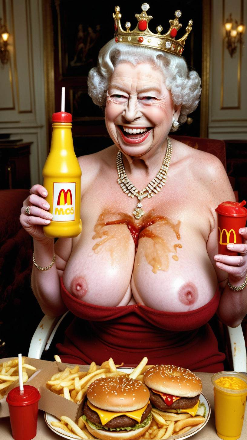 Queen Elizabeth II, naked with breasts, nipples exposed, top down, wearing ornate gold and diamond crown, wearing diamond necklace, holding McDonald's, happy meal in one hand, McDonald's, Royal Family, Huge tits, Big boobs, Giant boobs, wet boobs, shirt open, bad teeth, smiling, decaying teeth, eating cheeseburger, ketchup pouring down face, pickle stuck to boob, mustard stains on boob, wet tits, laughing 