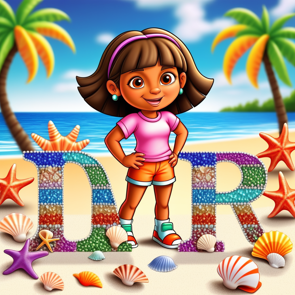 the exact spelling of the name : Dora in colorful diamond letters on a beach with seashells and dolphins swimming in the water without the picture of the her 