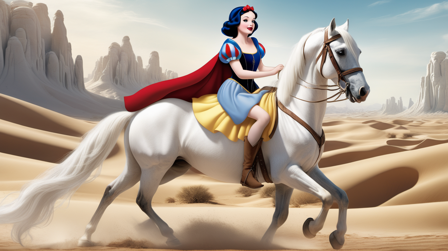 Snow White riding a white horse in the desert