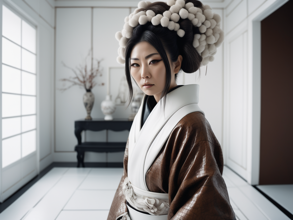 ultra realistic high texture image of a candid photo of an eccentric artistic japanese woman in haute couture, posing in a white modern room, leather, black and brown pastel colors, 35mm photography --ar 2:3