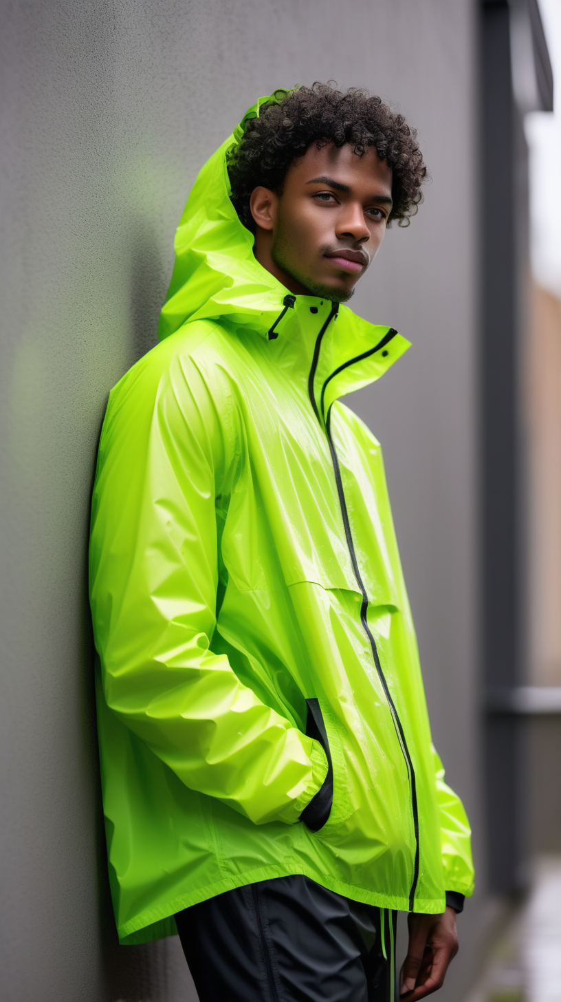 An attractive young black man, wearing black, curly, short hair, wearing a neon green, nylon, waist length rain jacket, 4k, high definition, leaning with his back against a wall, sunny and bright daytime