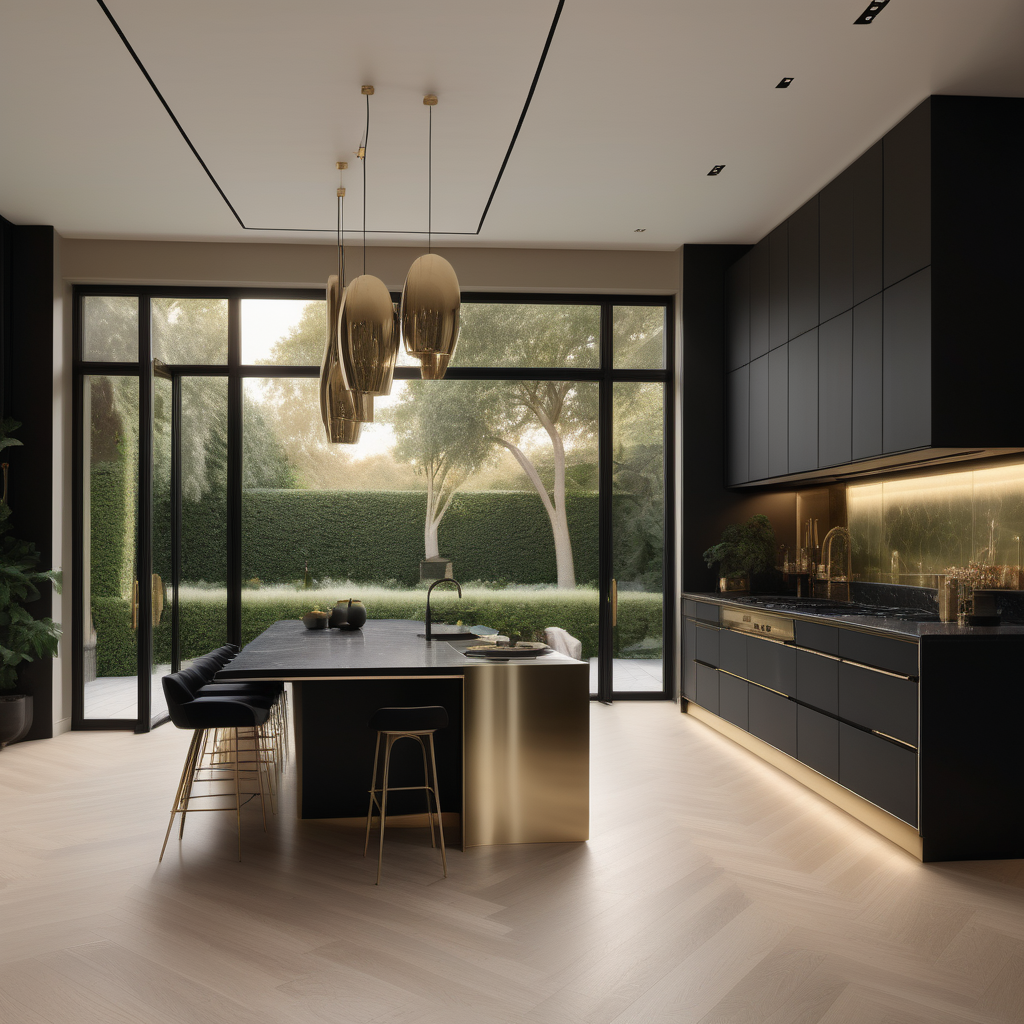 a hyperrealistic of an elegant Modern Parisian estate home kitchen with island, mood lighting, floor to ceiling windows overlooking the lush gardens, in a beige oak brass and black colour palette 
