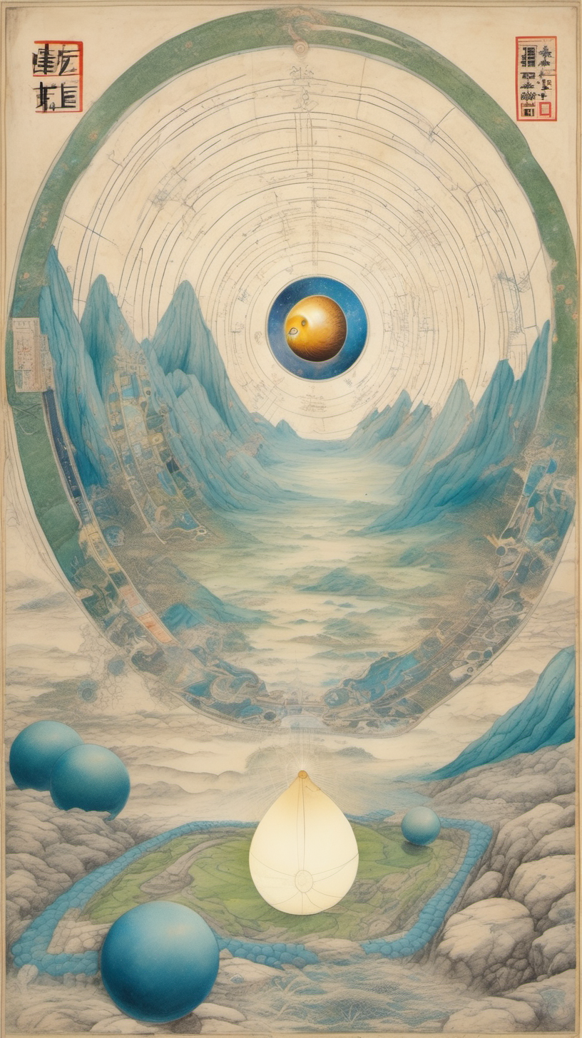 chinese gongbi drawing, with traversable wormhole, other worldly scenery, cosmos, quail eggs, greenblue mountain, underground, general relativity's light cone