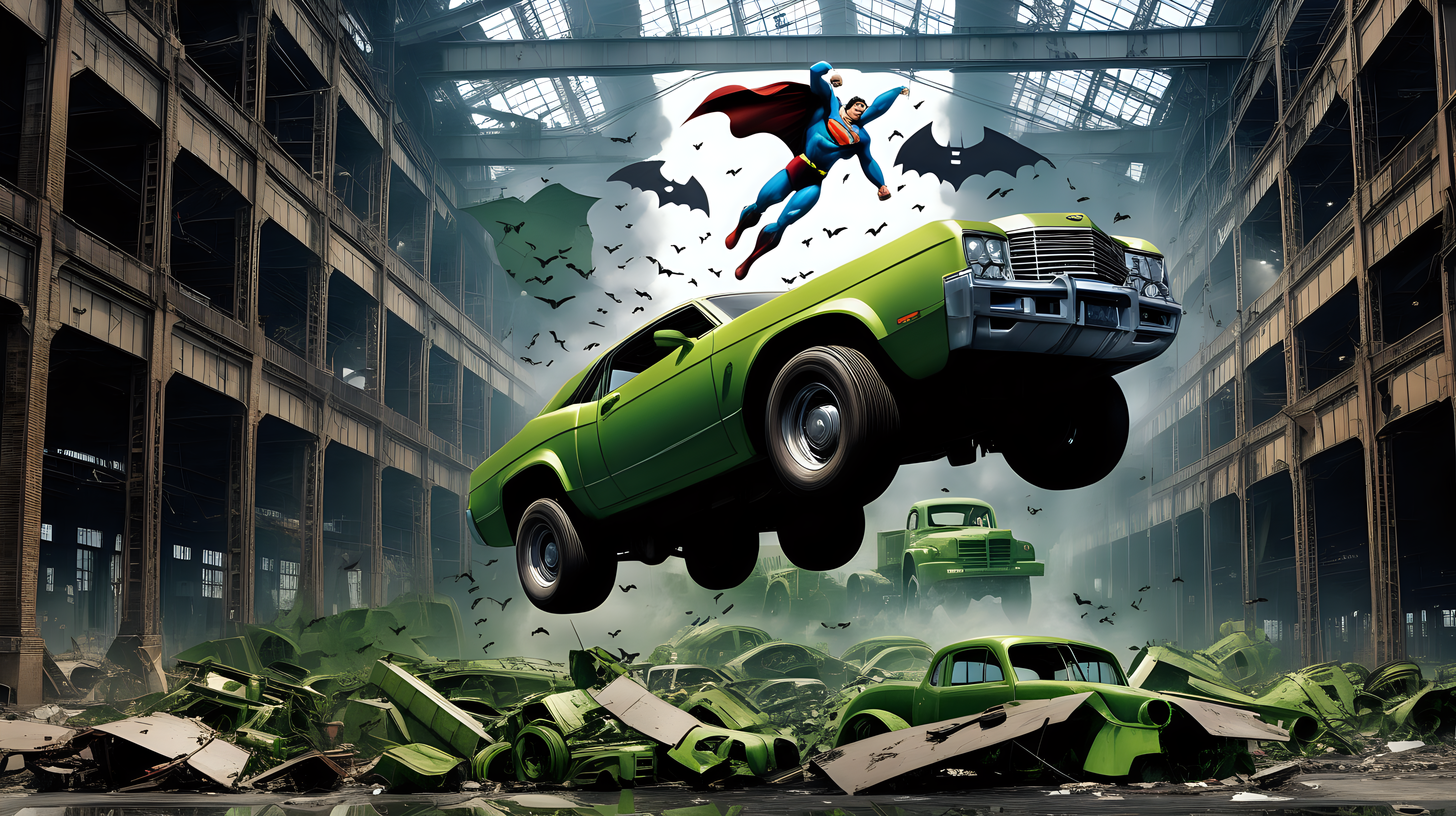 Superman fights the hulk in an abandon car factory with bats flying overhead