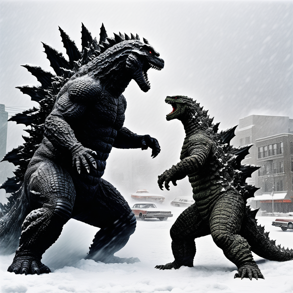 Godzilla fighting Gorgo in winter snow storm