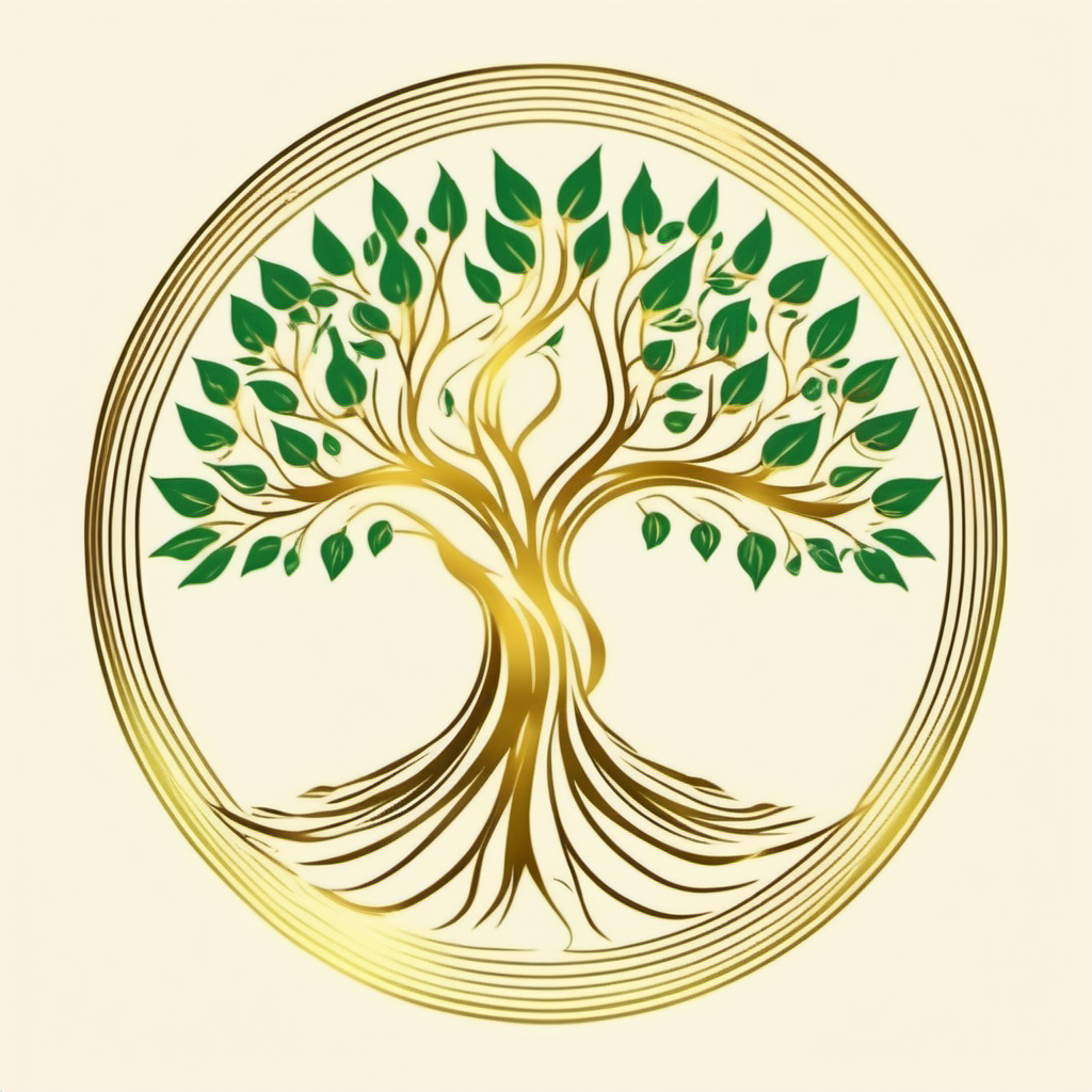 simple golden magical tree logo with green leaves