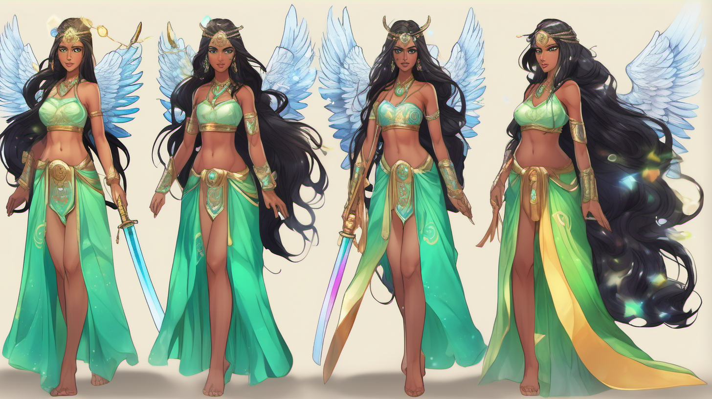 Seline the Goddess of light and love, and Crystal queen of indain decent, wings and rainbow power, samurai warrior and goddess with pure green blue eyes, black long hair to floor, powerful goddess of love, beautiful dress long, boobs, tan, thighs, thin eyes brown, princess lovely,