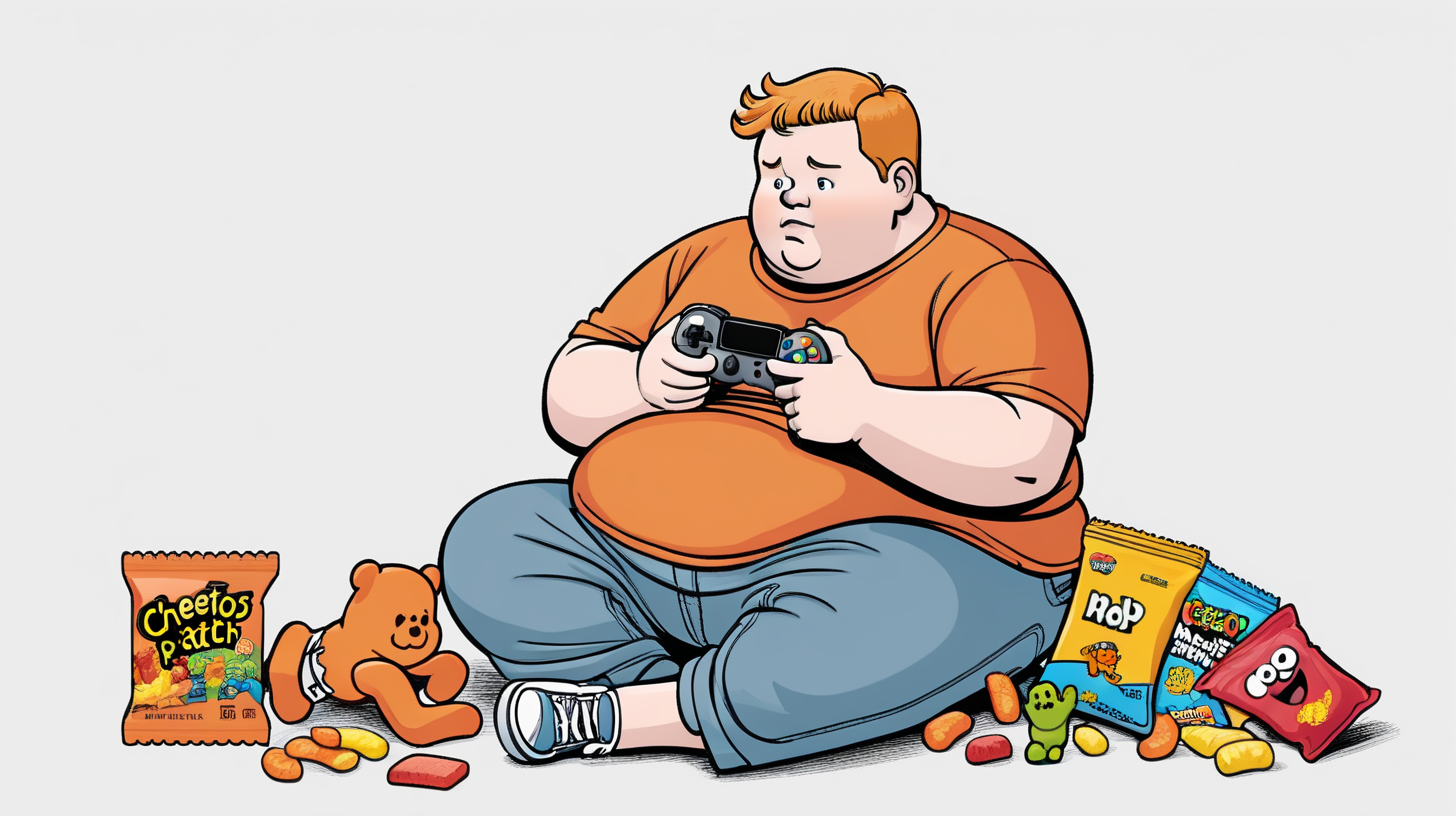 simple illustration of overweight white male 10 years old. Sitting on the ground with a handheld video game console. Snacks around him (Sour Patch Kids, Cheetos, etc, no logos)