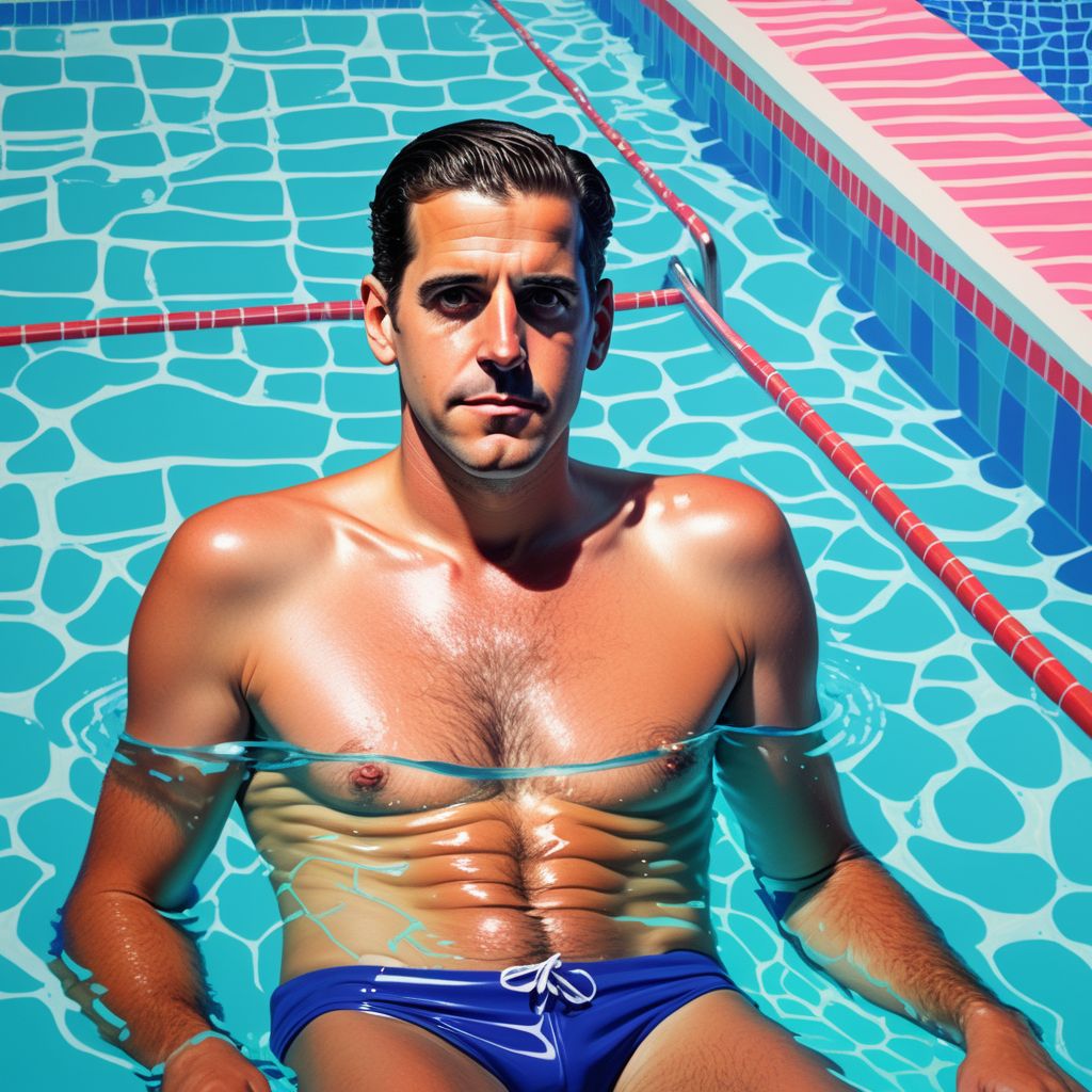 (Hunter biden)++ swimming in the style of (David Hockney)++