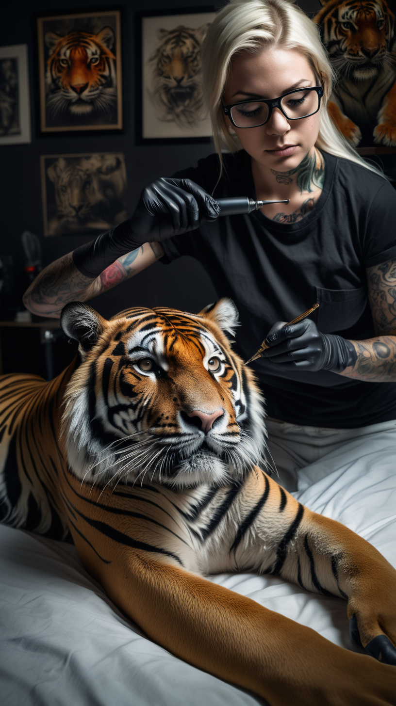 /imagine prompt :An ultra-realistic photograph capturing a sureal Tattoo performance scene. a human tattooing a tiger 
<camera> canon 5d mark III, equipped with an 85 lens at F 5.8 aperture setting
<location> a  tattoo studio beside an crowed street
<light> Soft spot light gracefully illuminates the subject’s body, casting a dreamlike glow.
/describe : a beautiful  woman that she is a tattoo artist with glasses and black shirt ,has black nitrile gloves, has a black surgical mask, seated beside the  client bed, tattooing on a real wild tiger's body! a golden tattoo machine in his hand.
–no tattoos on head 
 woman  has natural beauty with beautiful blonde short hair  .
a real tiger laid gently on tattoo client's bed same as a tattoo client to taking tattoo on its body creating a sureal scene.
The background is black , absolutely blurred, highlighting the subjects.
The image, shot in high resolution and a 16:9 aspect ratio, captures the subject’s natural beauty and personality with stunning realism

–ar 9:16 –v 5.2 –style raw
