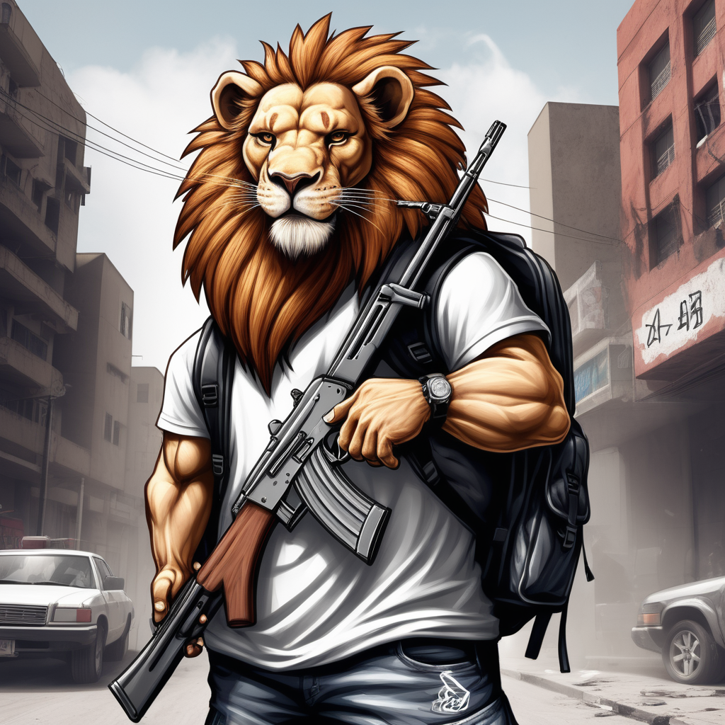 draw a street gangster lion wearing a backpack