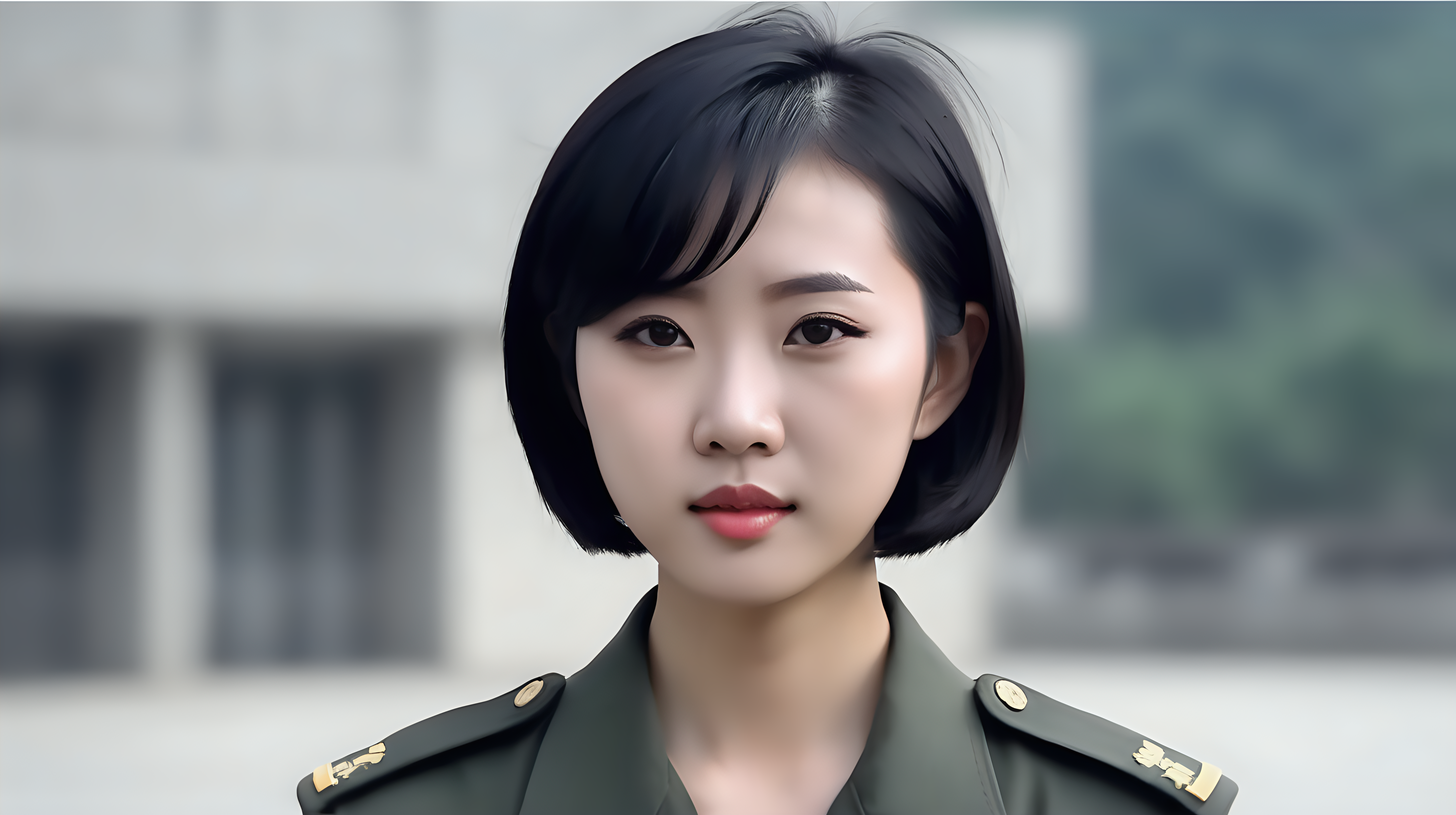A young Chinese female soldierShort hairBlack hairAnchoring the