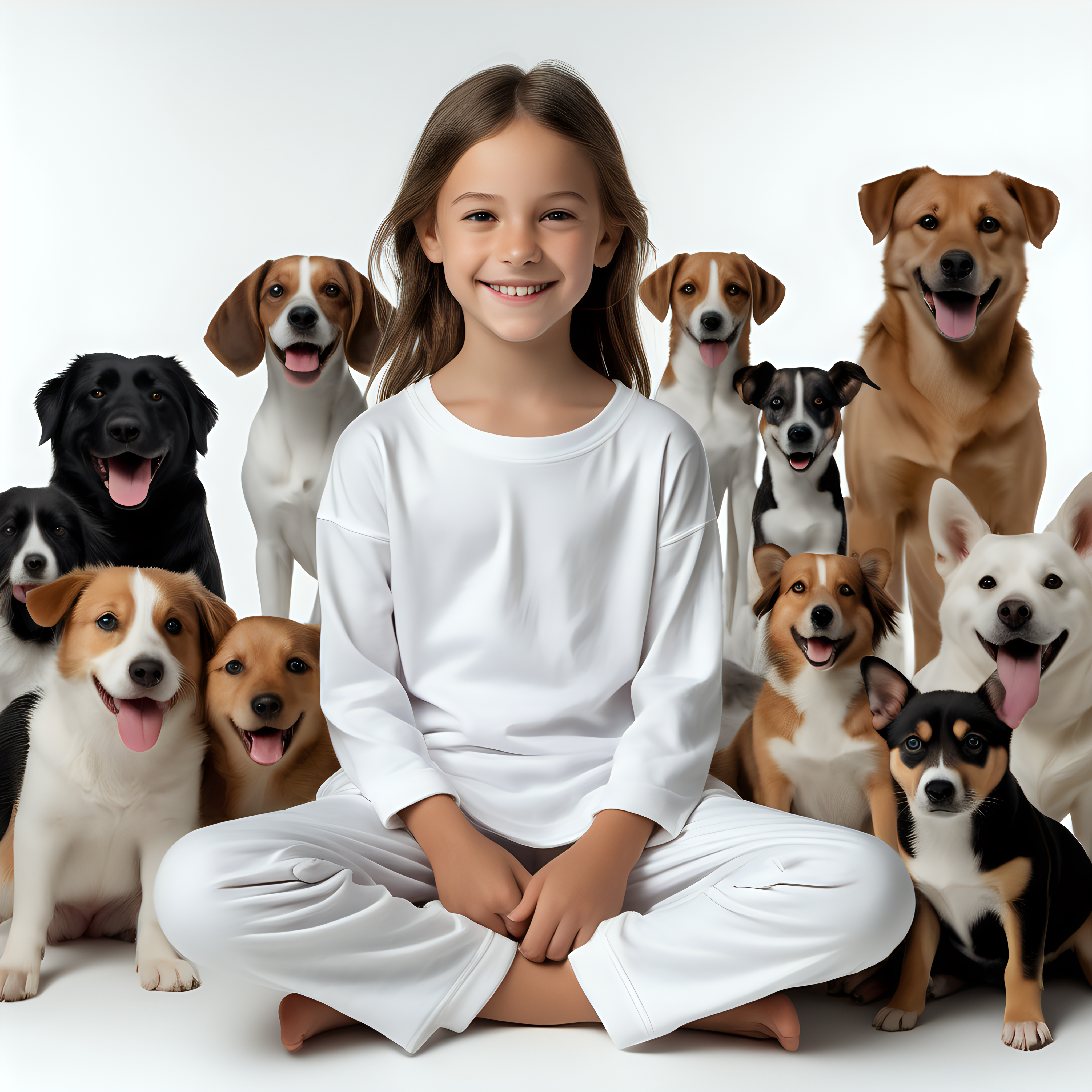 “Perfect Facial Features photo of a smiling 10 year old girl sitting  in  white cotton tshirt pyjama with no print, long  tight cuff sleeves, loose long pants) ,surrounded by many different dogs, no background, hyper realistic, ideal face template, HD, happy, Fujifilm X-T3, 1/1250sec at f/2.8, ISO 160, 84mm”