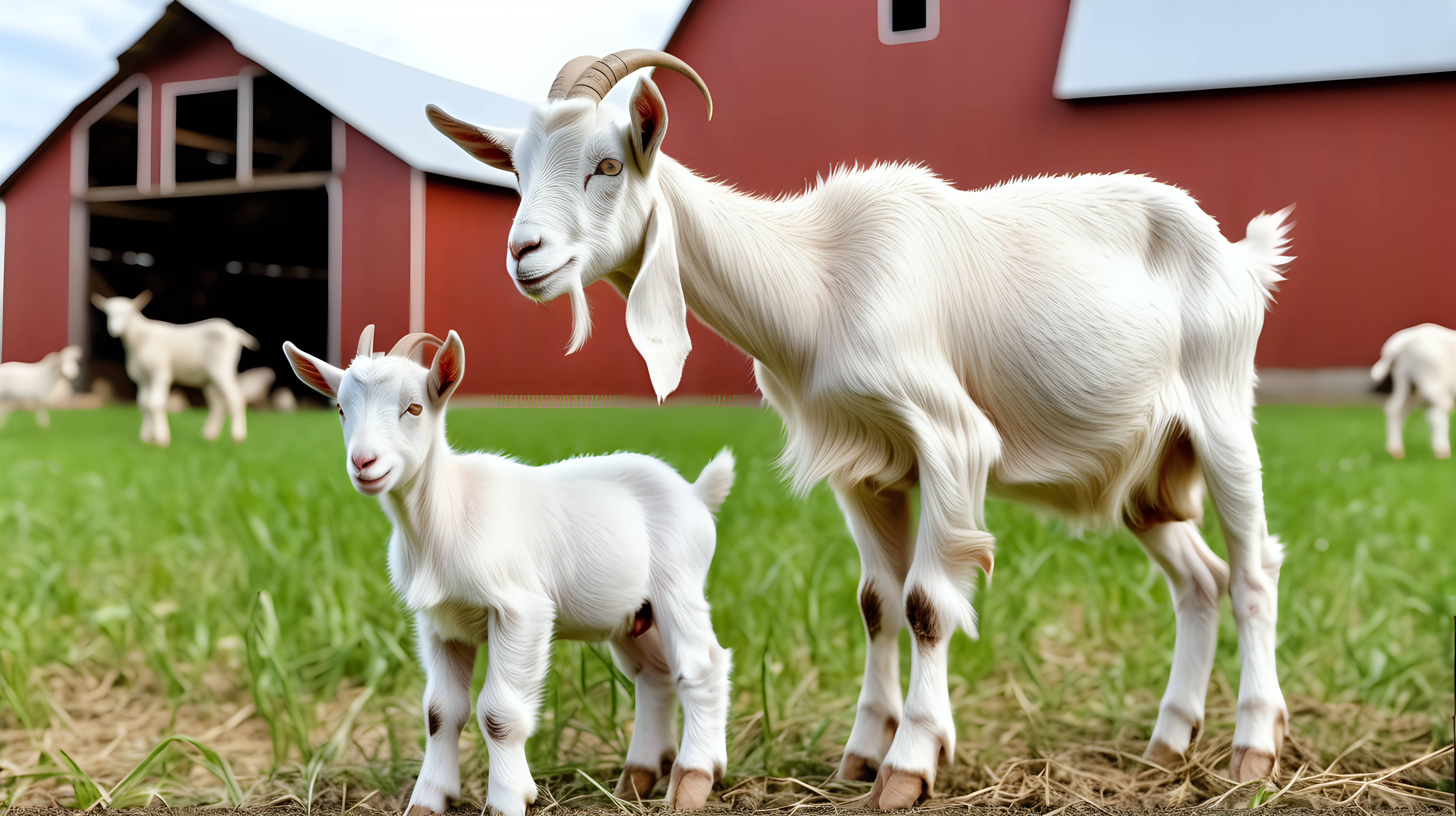 Goat kid with Goat in field, farm barn background, isolated on background