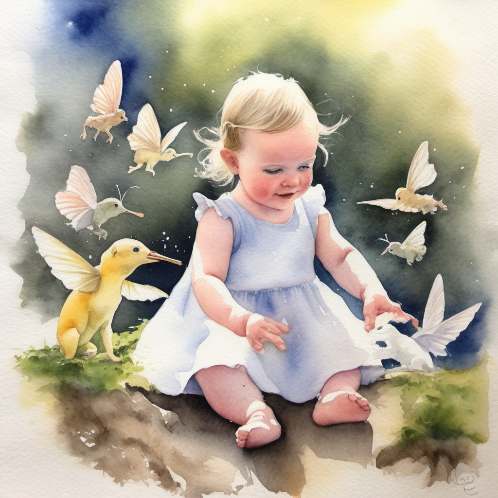 A watercolour painting of beautiful baby girl Lillie playing with fairies on the Isle of Man