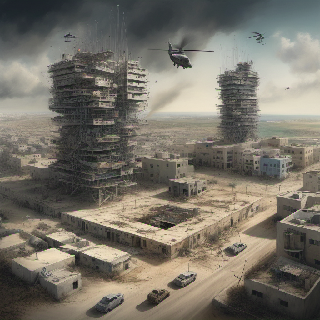 Reconnaissance and Intelligence: An intricate, almost surreal depiction of a high-tech intelligence center with views of Gaza, using a mix of photorealism and abstract elements to convey the complexity of modern surveillance.