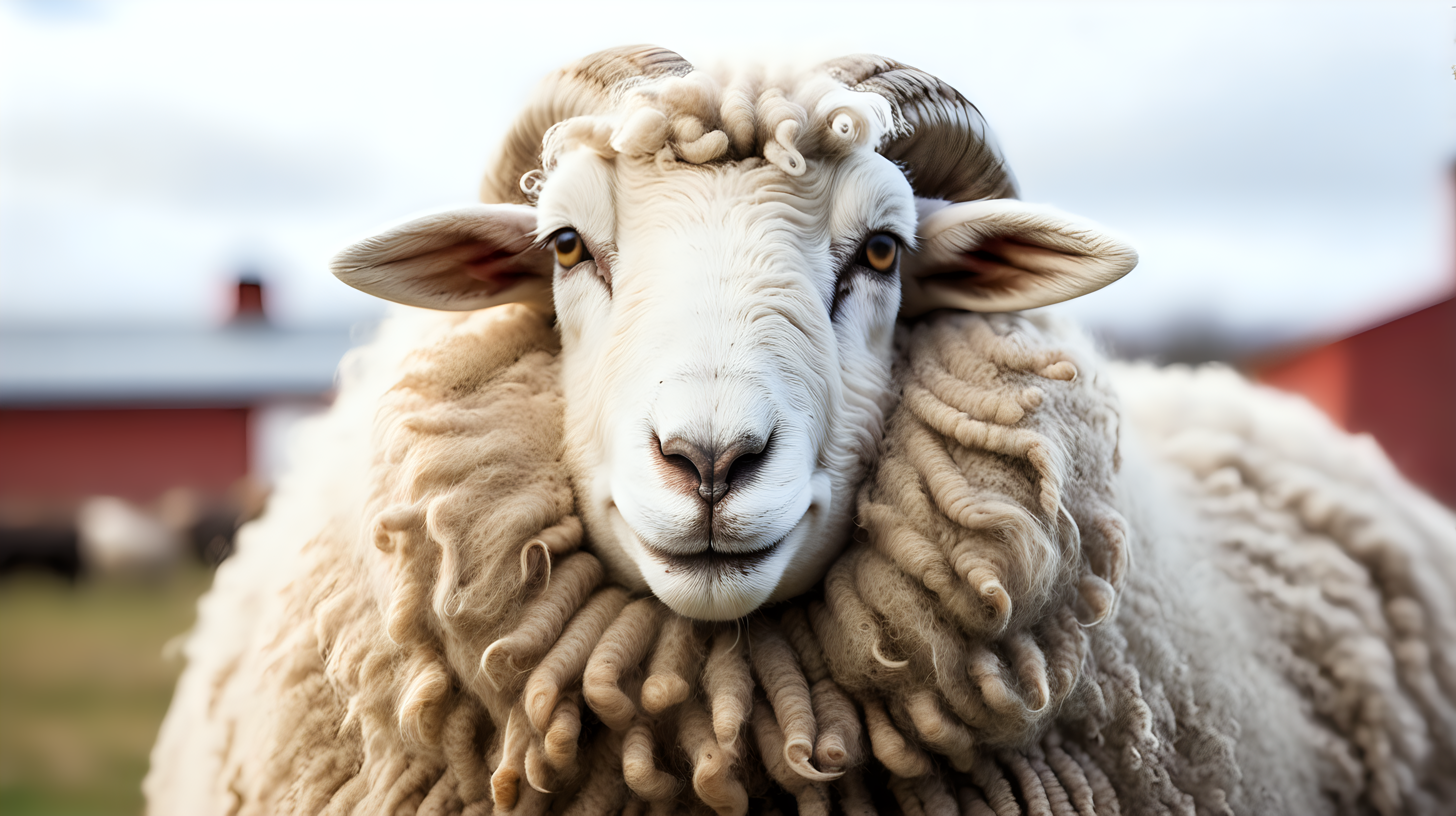 Portrait woolly sheep on the farm, isolated on background, copy space, photo shoot