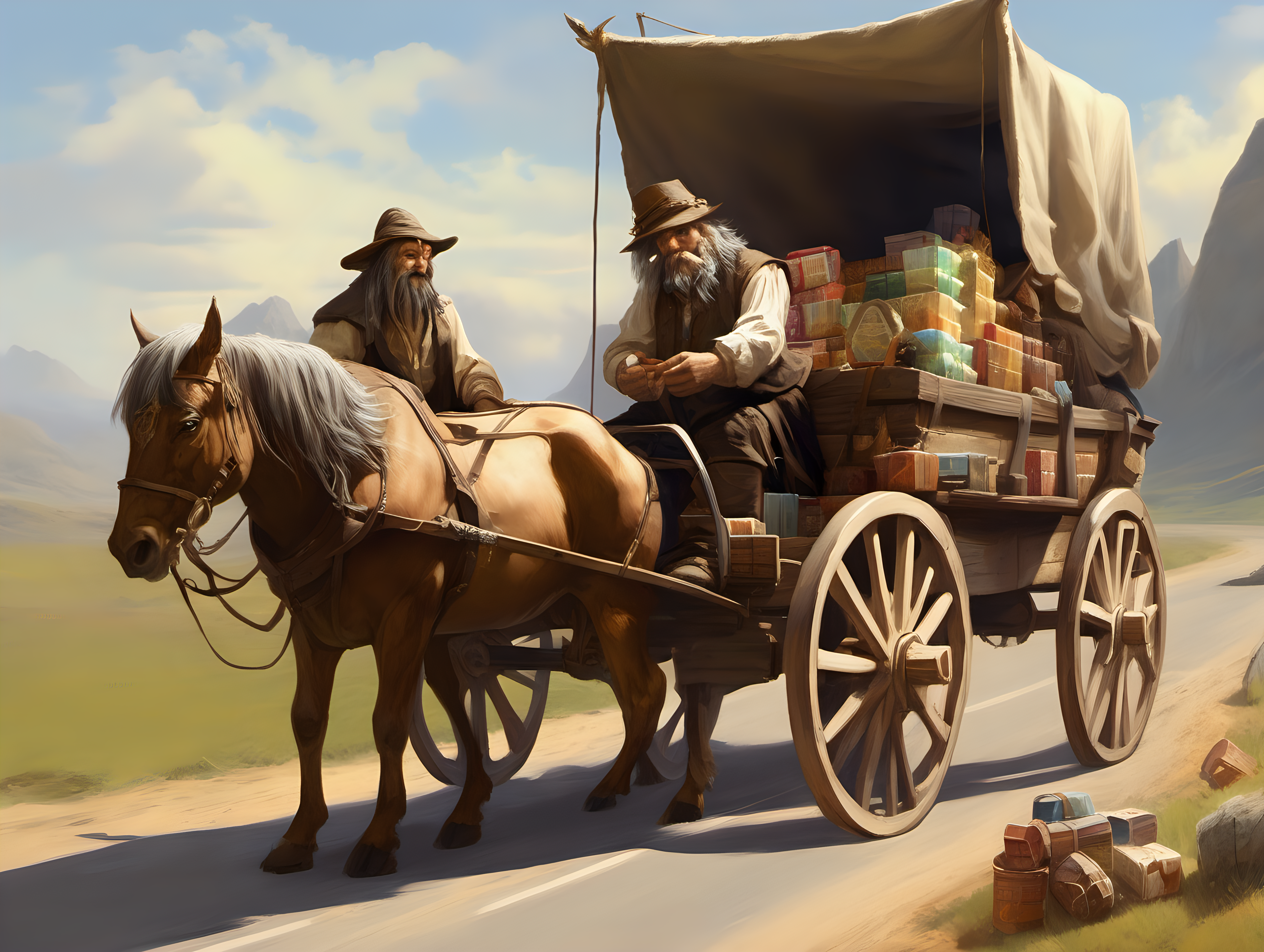 Fantasy Trader and customer on the road by his wagon