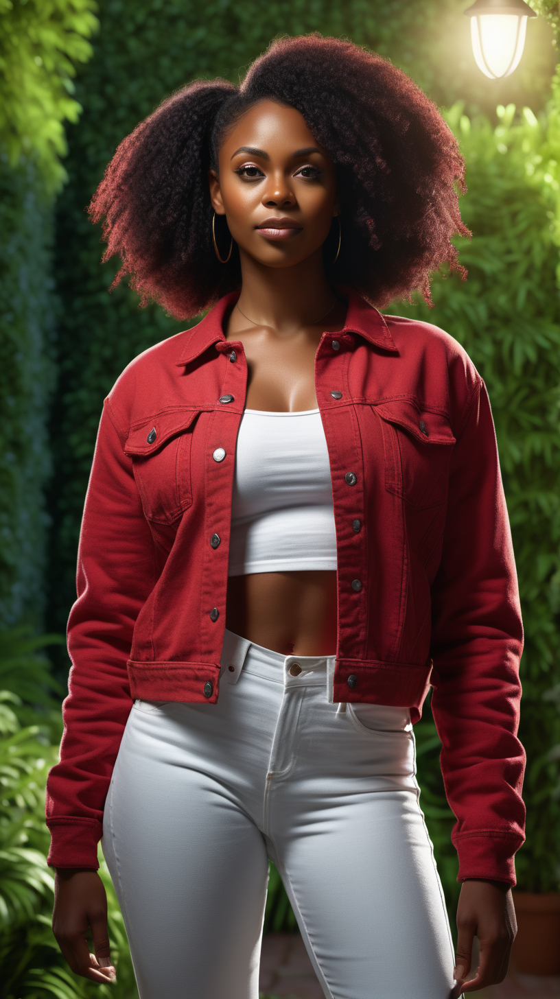 A beautiful, exotic, Black woman standing against , a lush green, garden background, Facing the camera straight ahead, wearing a Heather Red, long sleeve, tee shirt, wearing a white, denim jacket, lighting is over the left shoulder, from behind, pointing down ultra 4k render, high definition, deep shadows