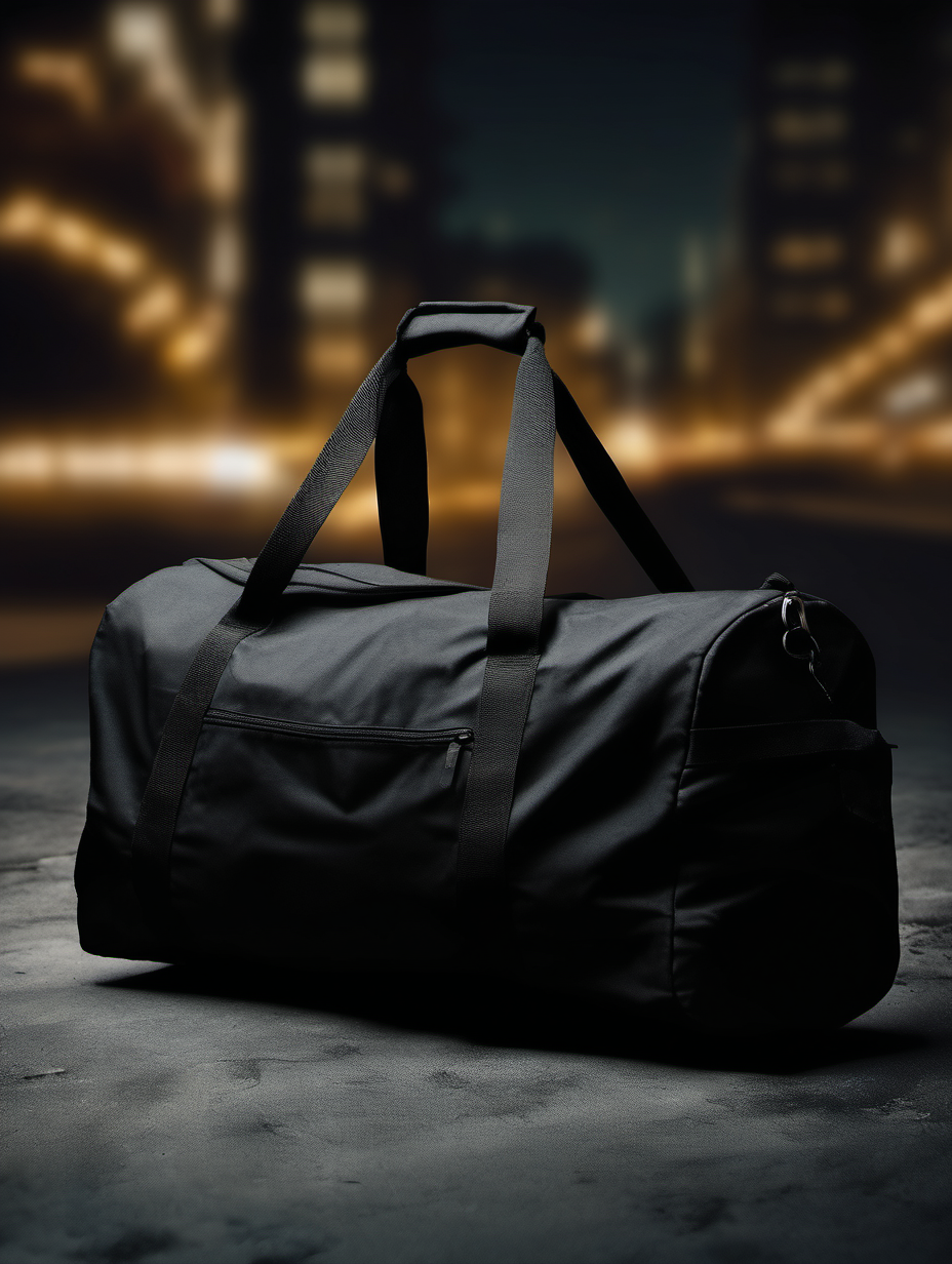 mock-up image of black duffel bag. dark night urban background. 
