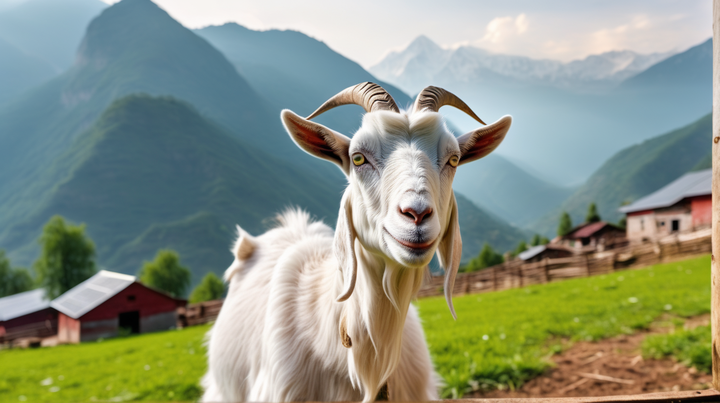 Healty goat in farm, mountain background