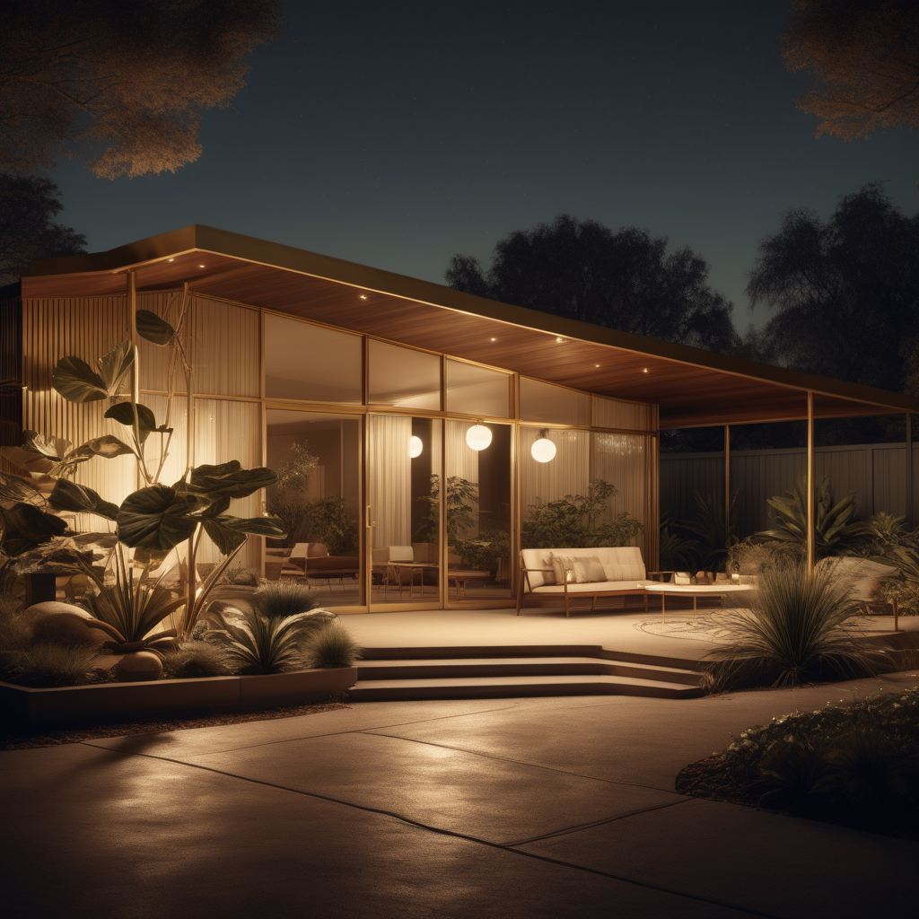 a hyperrealistic image of a midcentury modern home obackyard; brass, walnut wood, beige colour palette; at night with mood lighting; 
