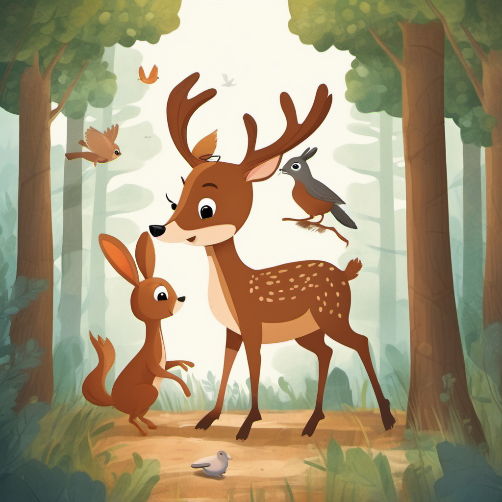 Bild für ein Kinderbuch Rome das Reh mit einem Eichhörnchen  einem Vogel und einem Kaninchen  im Wald 


