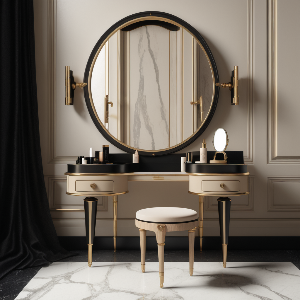 a hyperrealistic image of a modern Parisian  vanity table  in beige, oak, black and brass 
