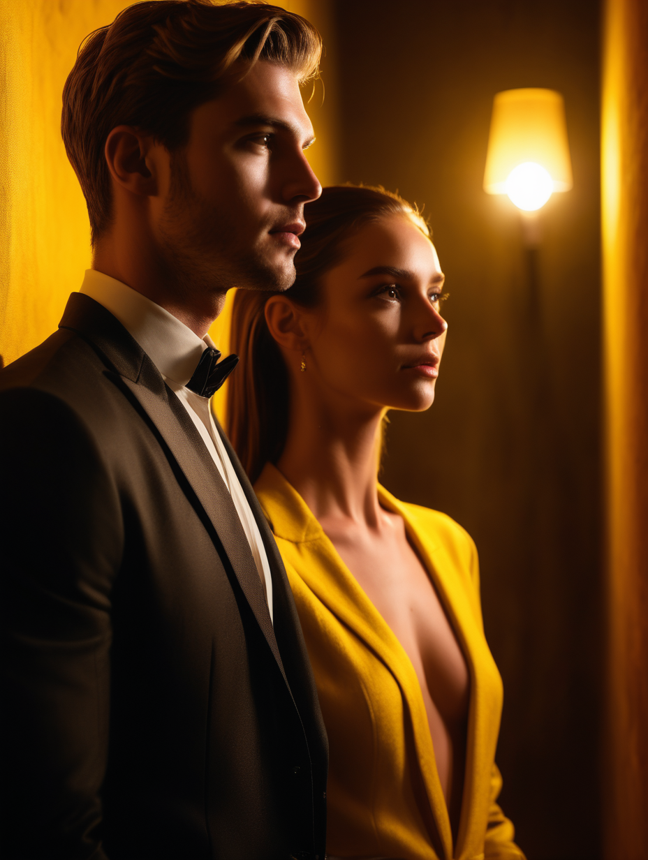 Rich male and beautiful female lead looking away in a dim yellow lighting place