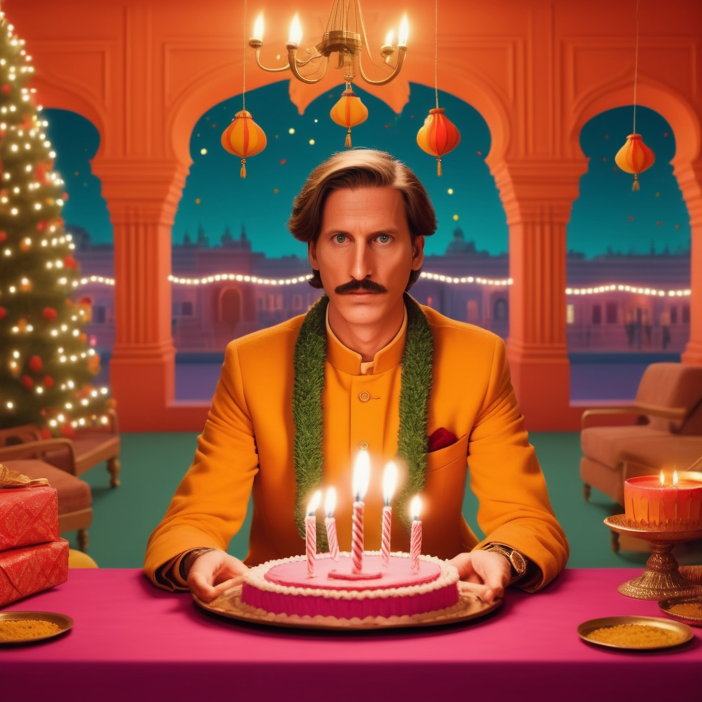 Anticipation of the upcoming festival season with Diwali, Christmas and birthdays, Wes Anderson cinematic setting