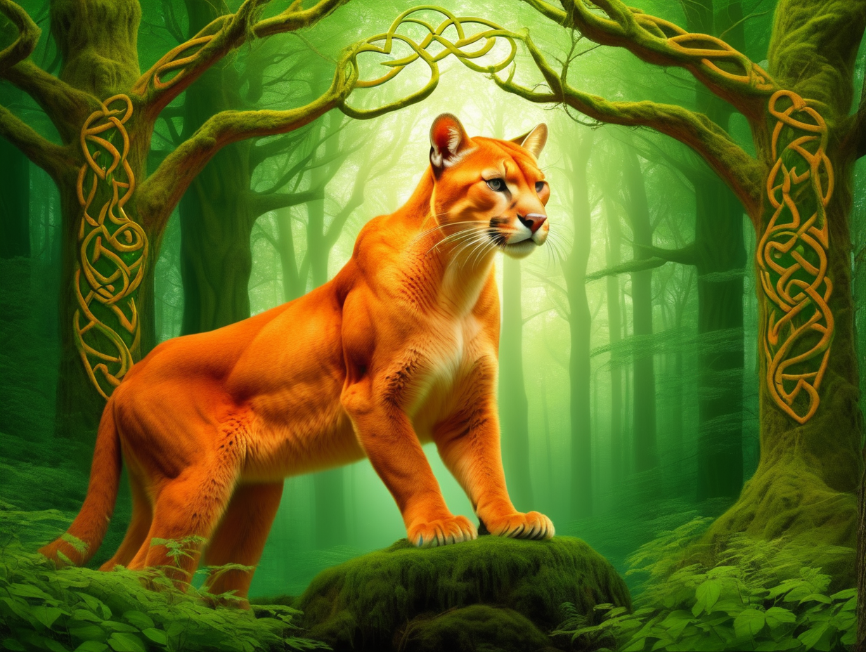 Magic green celtic forest Big orange cougar with