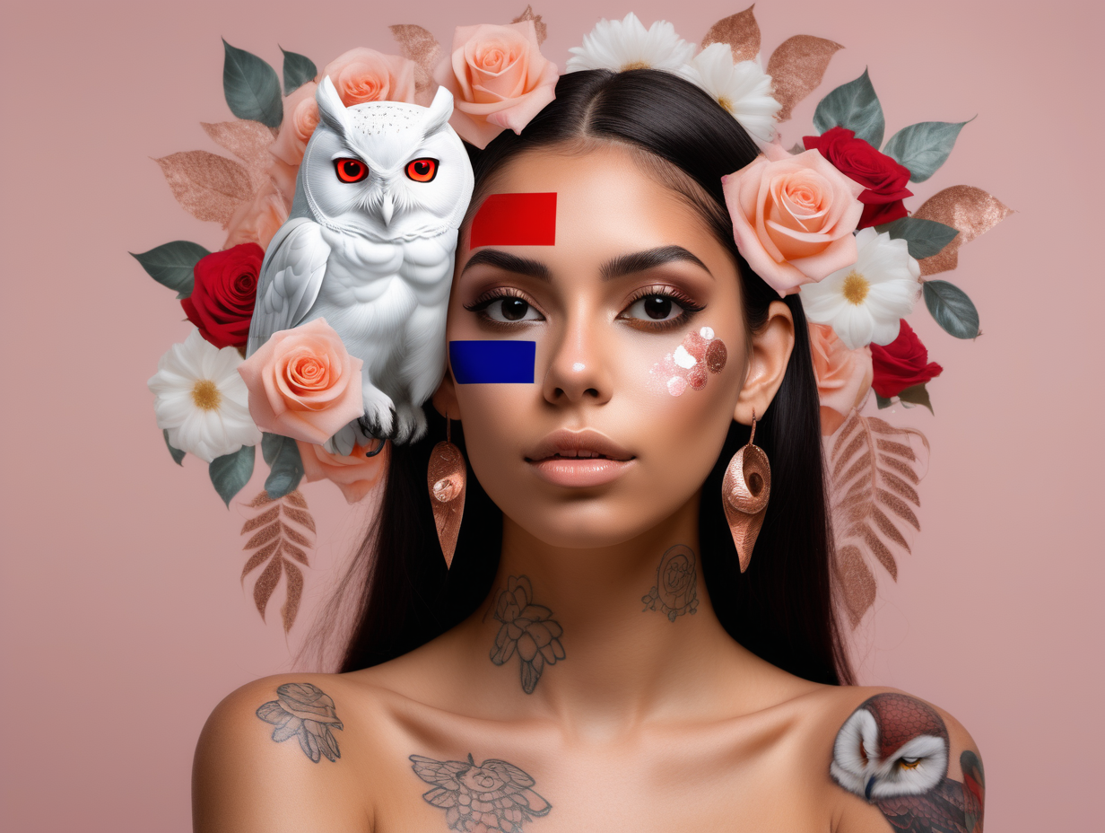 abstract exotic Hispanic model 
twelve floating crystal balls in rose gold.
she is wearing a Dominican Republic flag
 looking at a white owl with love she has tattoos and soft color flowers that melt into her hair


