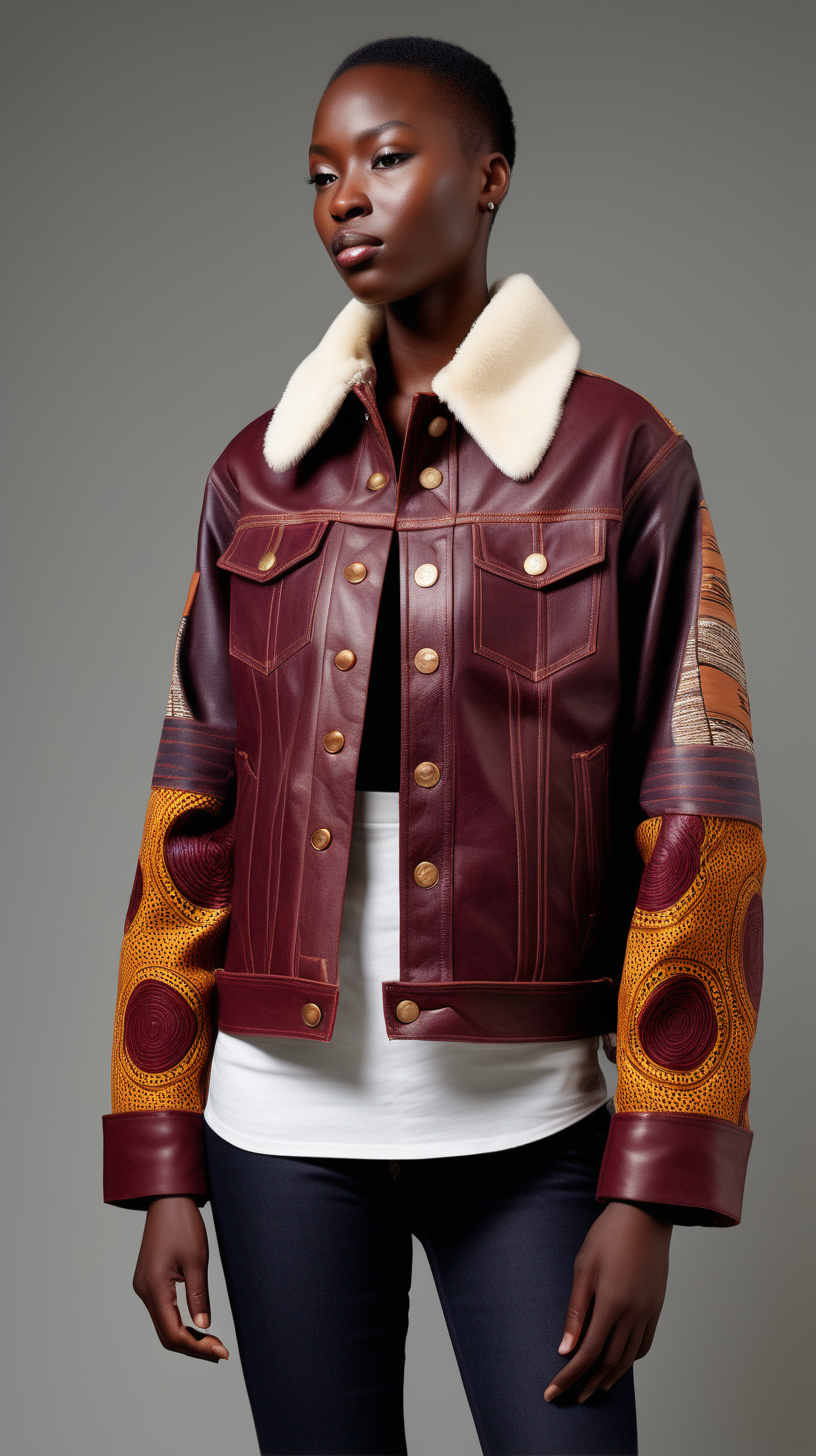 A  mock up of a Levi denim jacket, restyled into a three quarter jacket, made of  Maroon, lambskin leather, with african printed fabrick inserted in various places, show Front, Back, and Side views with stainless buttons, with a cream Mink collar