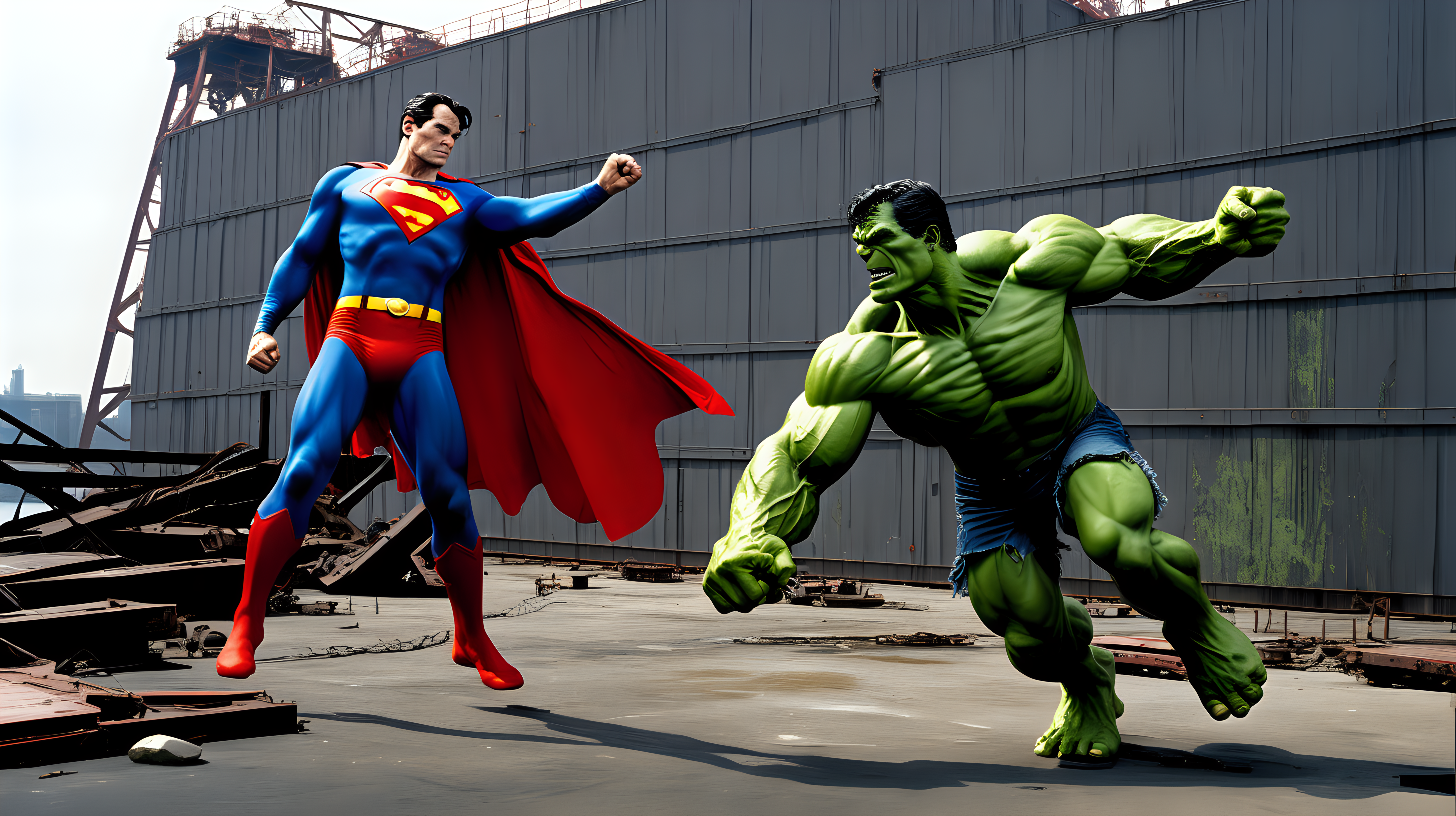 Superman fights the hulk in an abandon shipyard