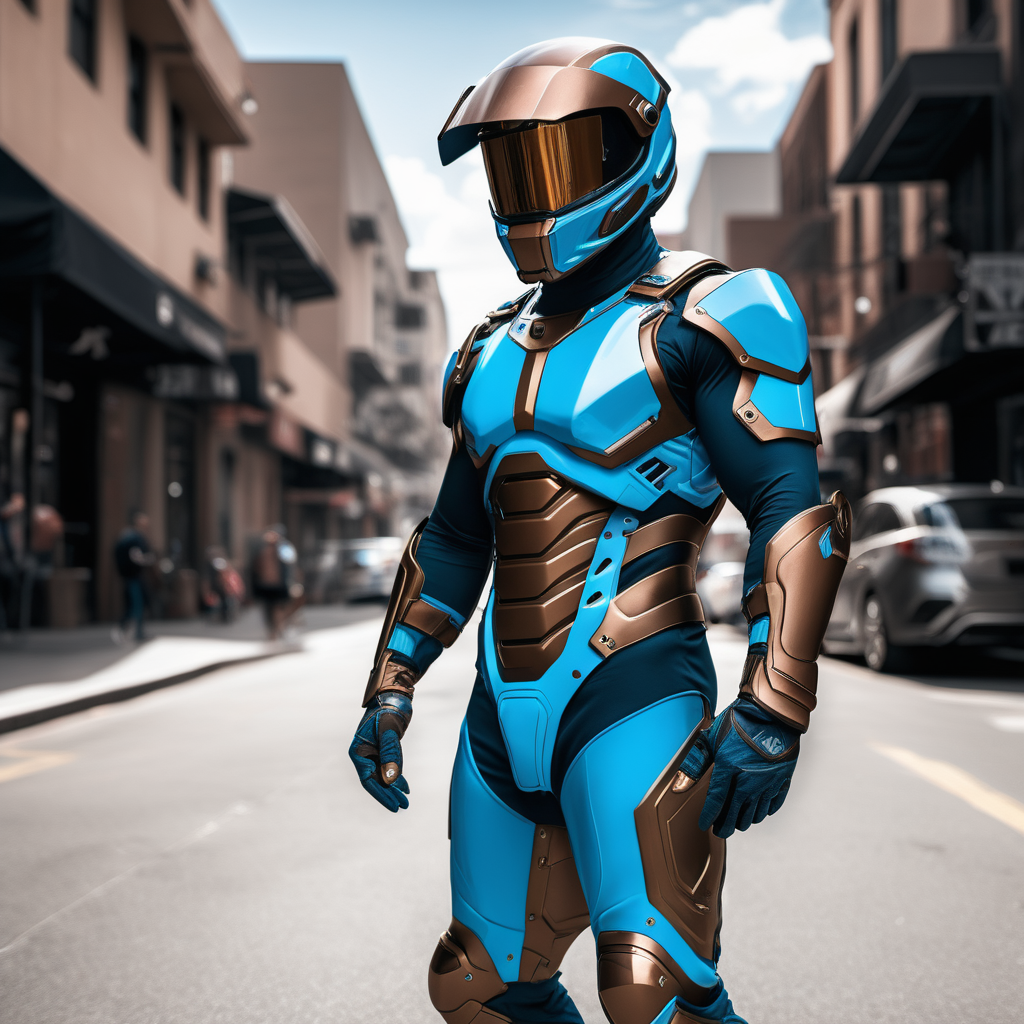 fit man, sky blue and bronze tech armor suit and helmet, tech shield and club, street, day