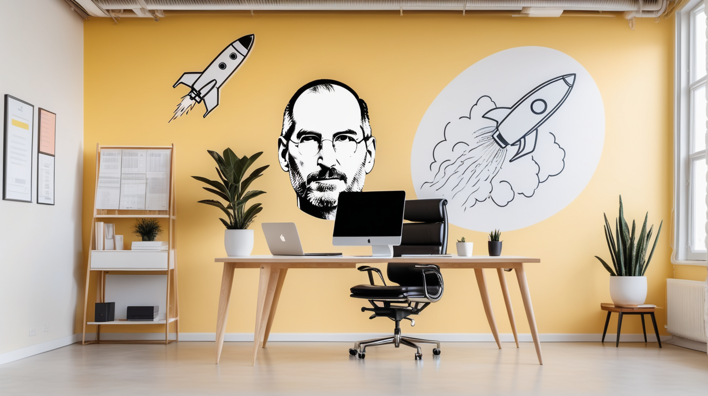 Minimalistic office with some furniture background for Tech product management online course. With Steve Jobs face and rocket launch poster on the wall. Pastel yellow painted walls

