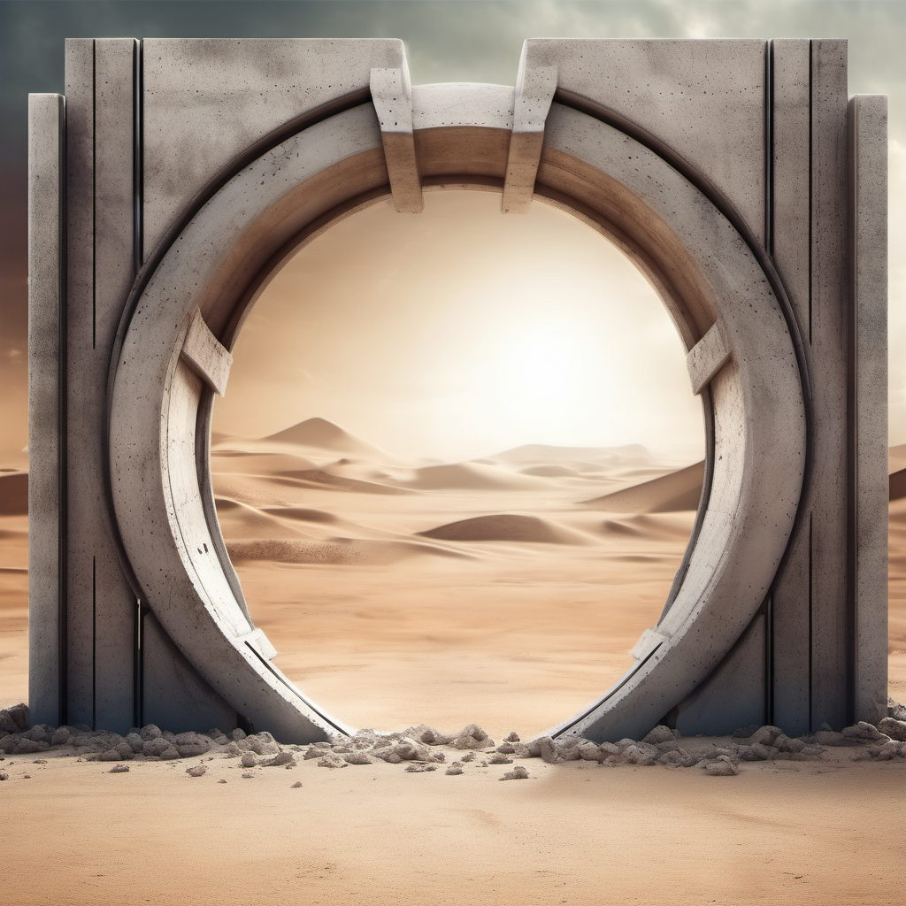 futuristic concrete portal with posts apocalyptic desert background through portal